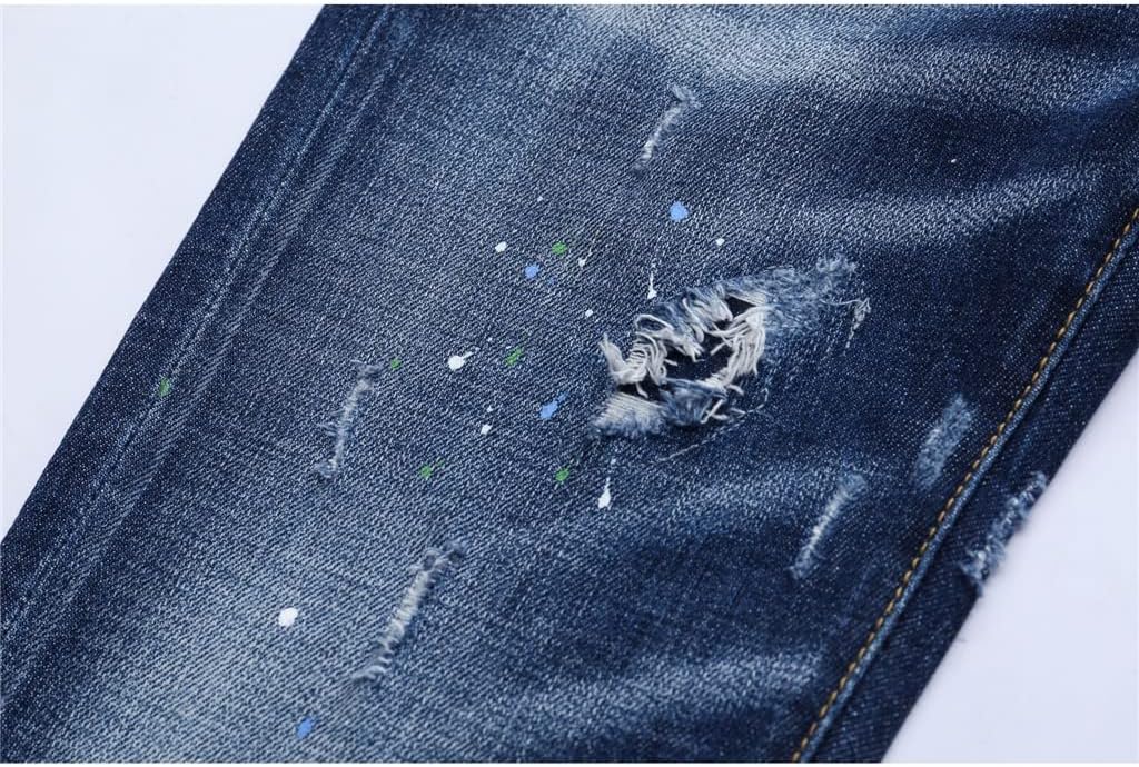 Men's Painted Jeans Skinny Ripped Patchwork Slim Fit Denim Pants for Male Asual Trousers
