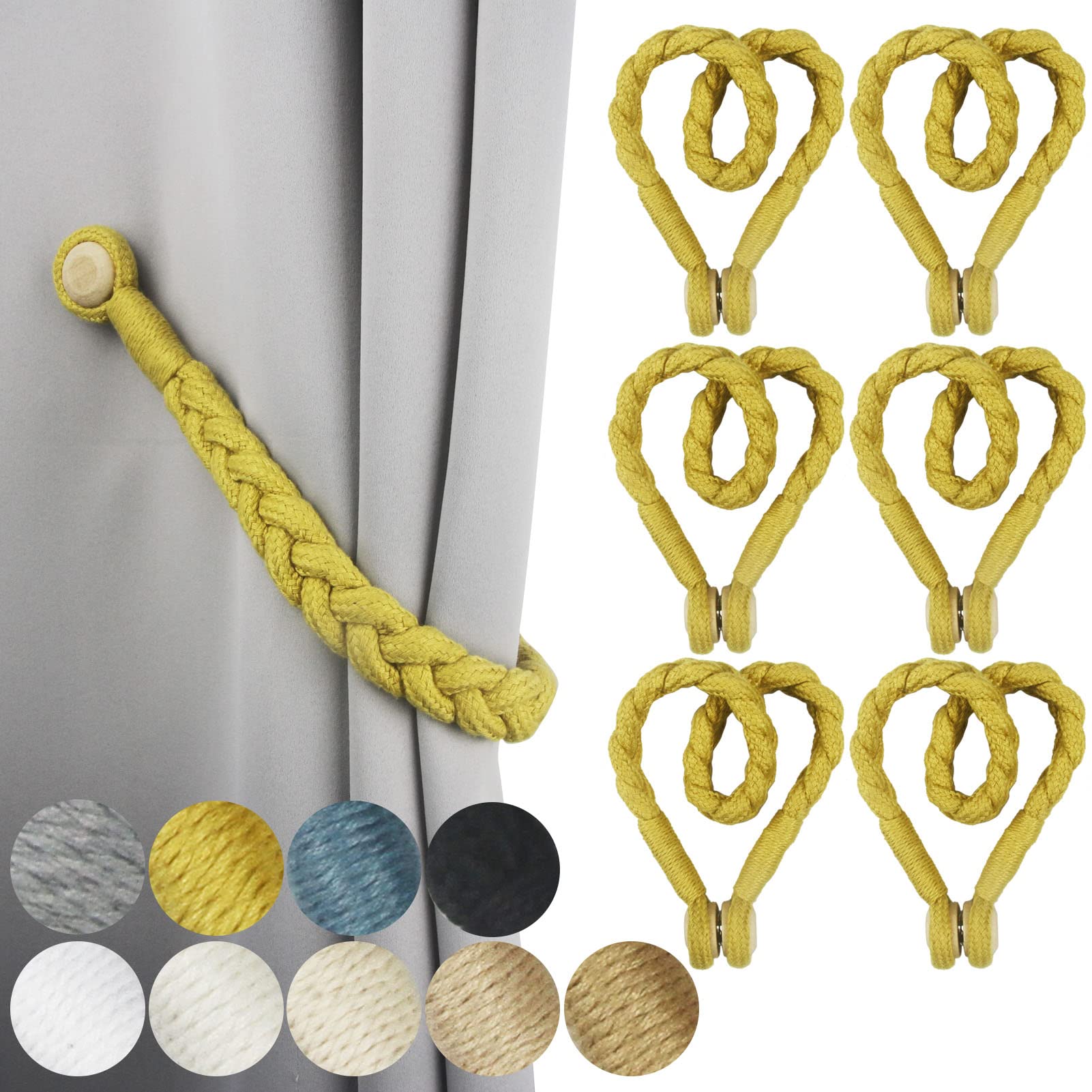 Lot de 6 embrasses de rideaux magnétiques douces en coton tissé à la main avec boucle en bois durable pour la décoration de la maison ou du bureau (doré, 6)