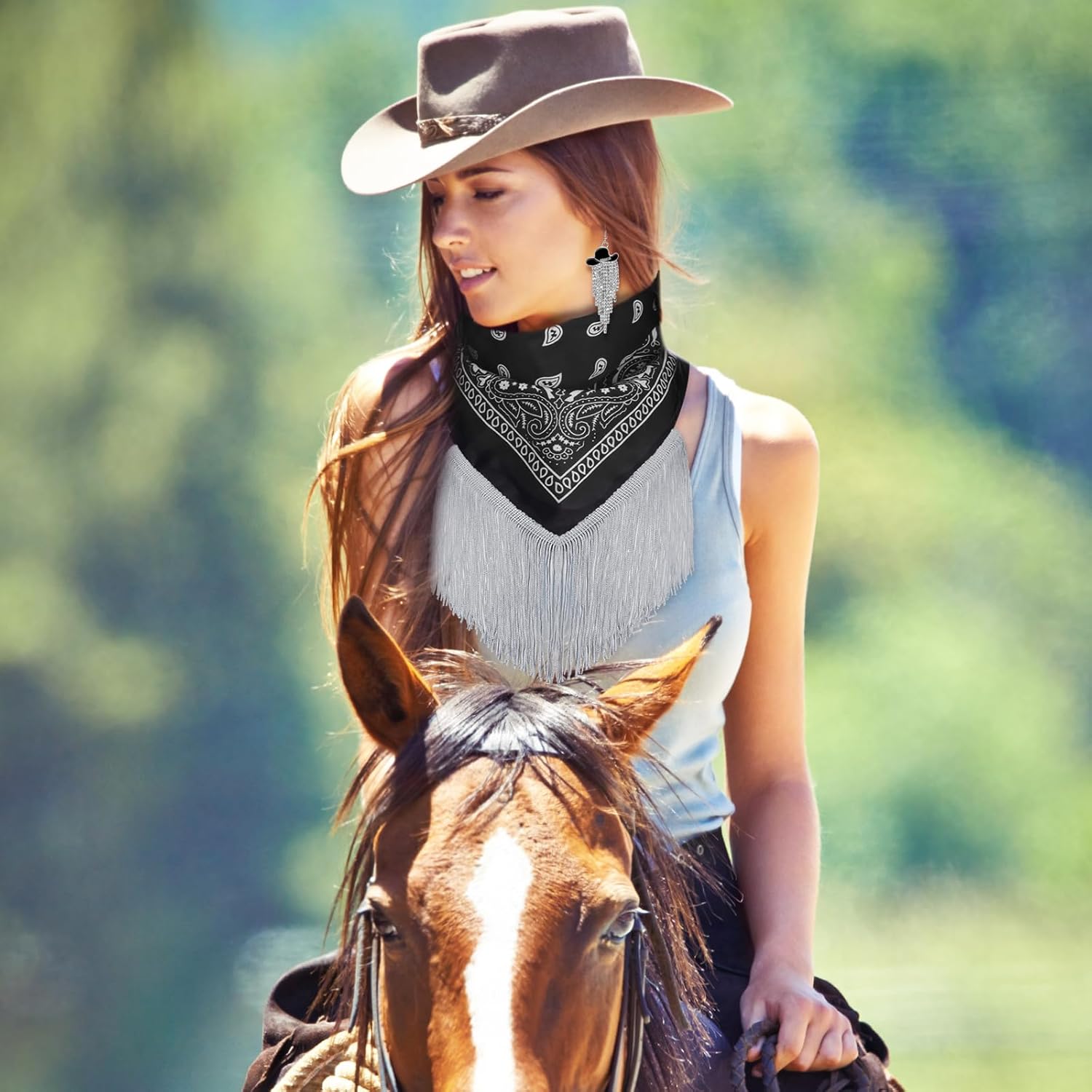 3 Pcs Cowgirl Fringe Bandana with Heart Sunglasses & Western Cowgirl Hat Tassel Earrings for Women Party Costume - Image 6