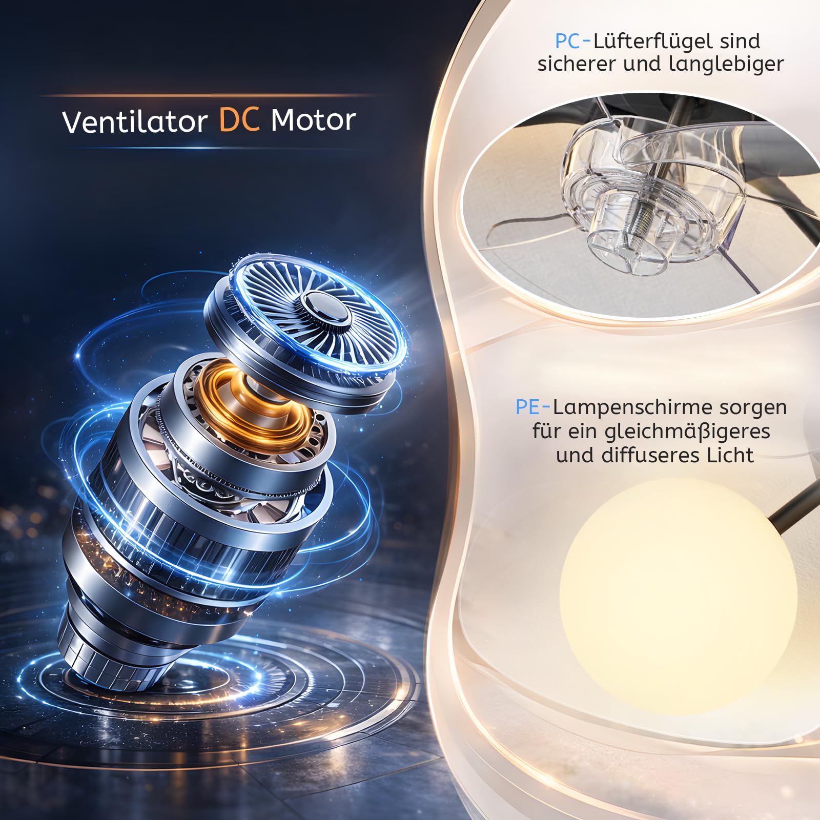 Homefire Deckenventilator G9 Kugel 4 Flammig Deckenlampe mit Ventilator | Leise Deckenventilatoren, 6-Gang Timer Schwarz Küche Lampe Mit Ventilator/Fernbedienung für Esszimmer - Ohne Leuchtmittel