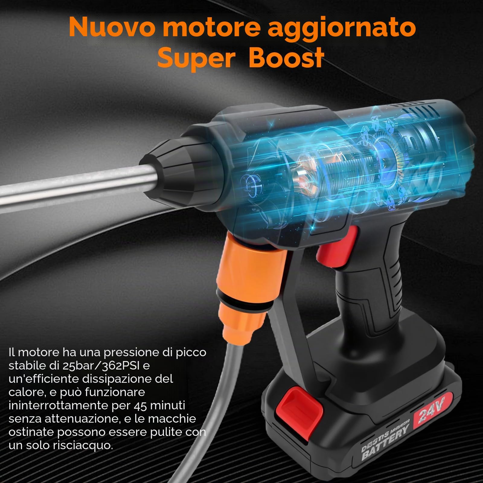 25 Bar Idropulitrice a Batteria, Idropulitrice Portatile con 2 Batterie 2000mAh, 6 in 1 Ugello, Tubo da 5M, Serbatoio in Schiuma, Adatto per la Pulizia di Auto, Pavimenti ad alta pressione