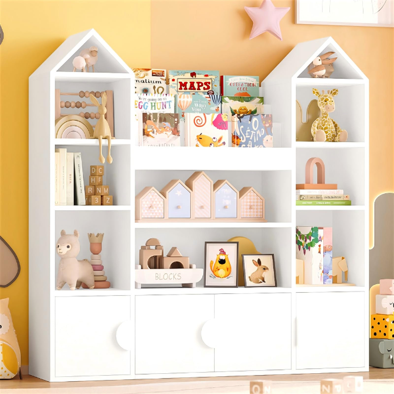 IRONCK Kinderregal, Bücherregal Kinder mit 4 Türen, Spielzeugregal Holz, Burgendesign Aufbewahrungsschrank, Spielzeugschrank, Kinderzimmer Möbel, 10 offene Regalböden, 123.5x33x127cm (Weiß)