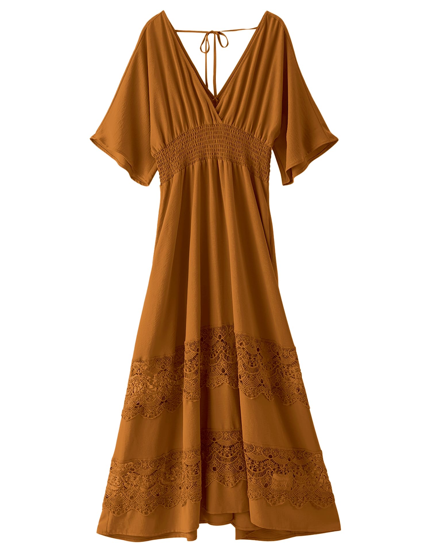 Olaesa Women's Lace Maxi Dress Short Sleeve V Neck Party Dress Smocked Waist Boho Maxi Dress Bohemian Dress for Women