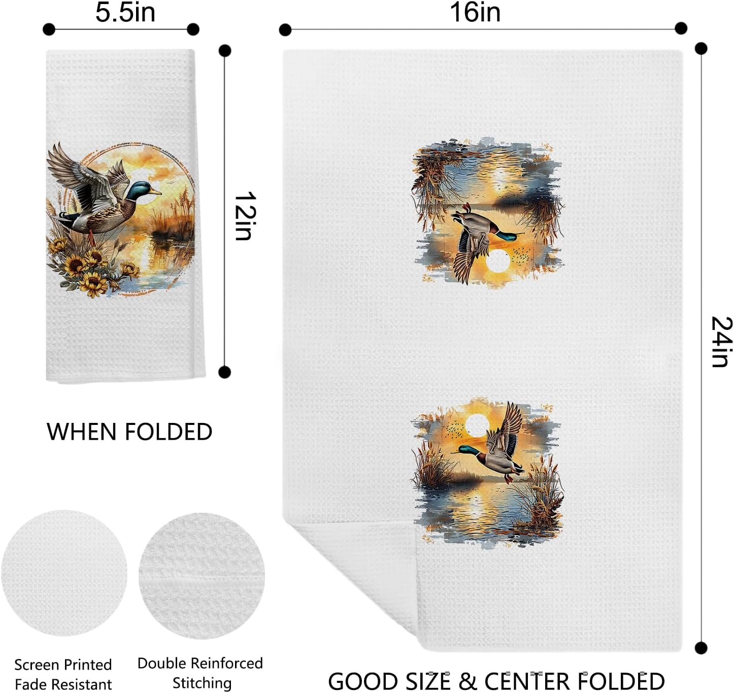 2 Pack Flying Mallard Duck Kitchen Towels,Rustic Wildlife Waterfowl Lover Dish & Hand Towels for Kitchen & Bathroom Decor,Sunset Hunting Duck Gifts for Women Men Lovers,16x24 Inch - Image 2