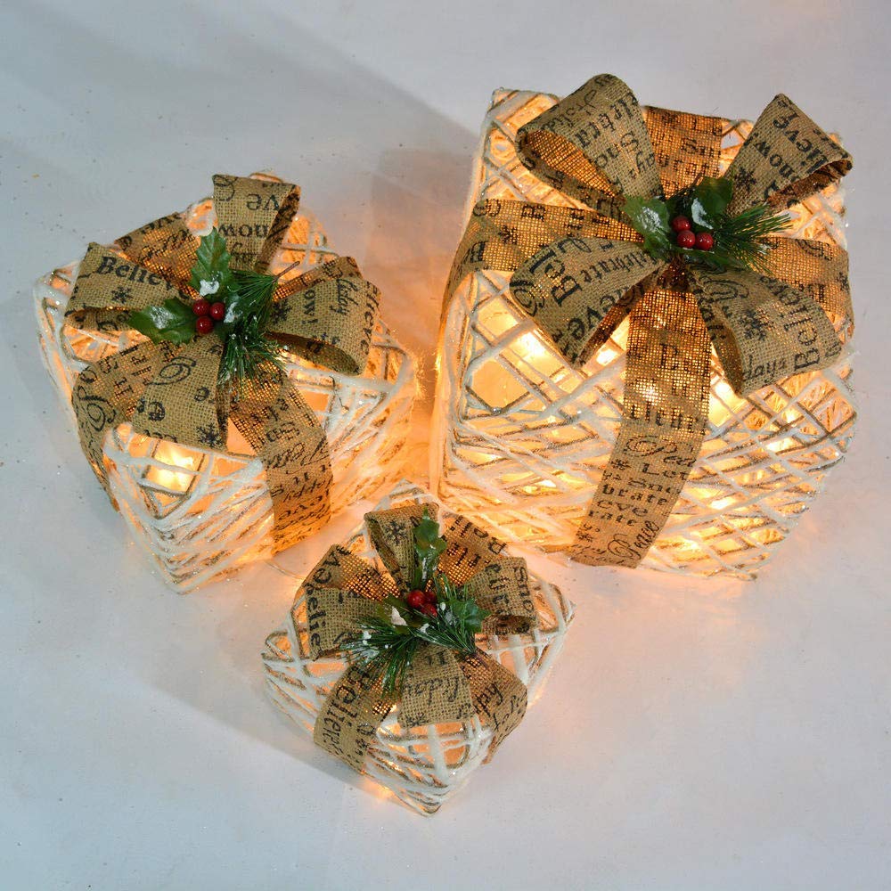 Ornamenti di Natale Scatole regalo, Set di 3 scatole regalo natalizie decorative in rattan LED, ferro, luci bianche calde, set di pacchi natalizi(A)
