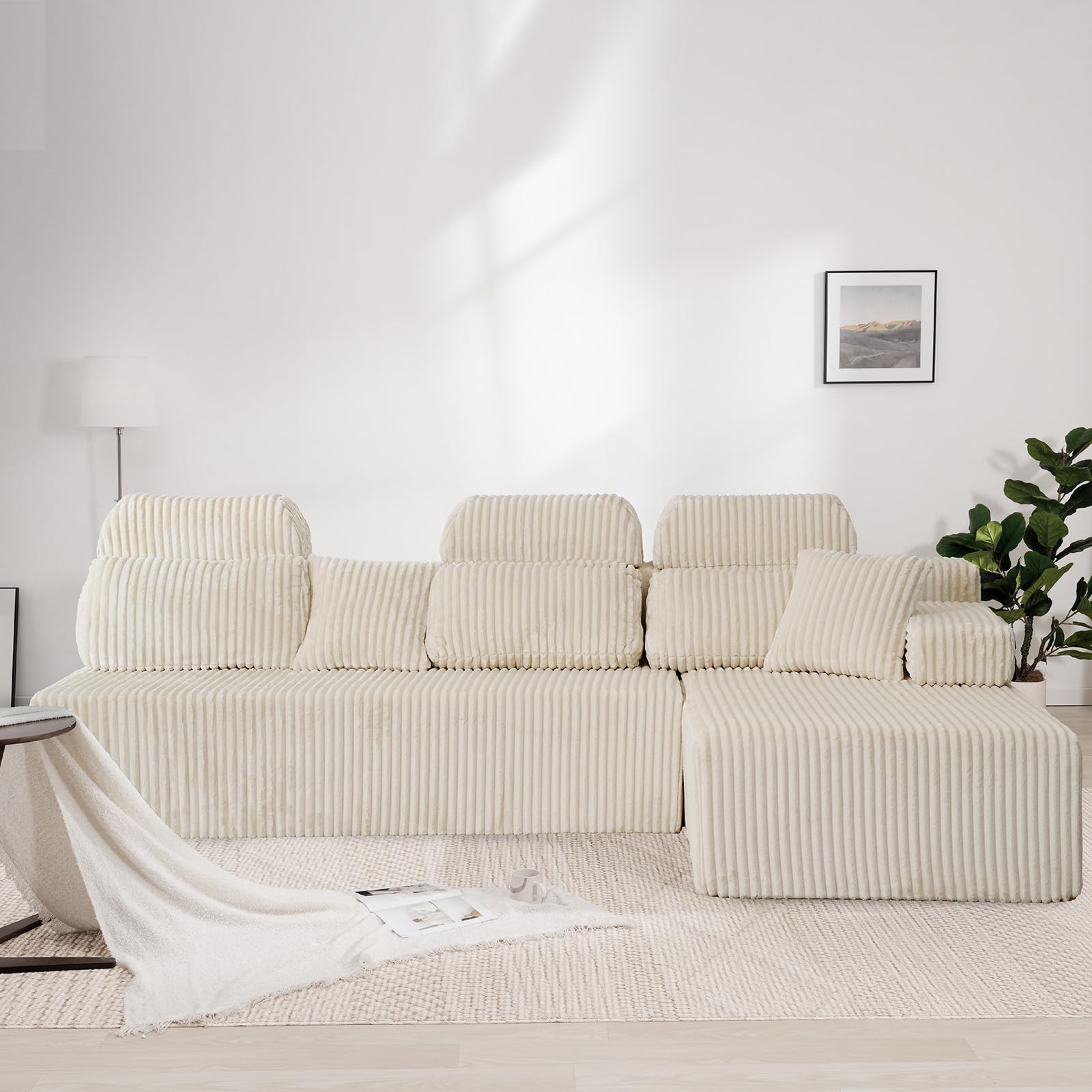 HOMRELEXA Sofá de 276 cm con Respaldo Alto, sofá Cama en Forma de L de Pana, sofá de 3 plazas con otomana Izquierda o Derecha, sofá Relax para salón, Independiente, sin Montaje (Beige)