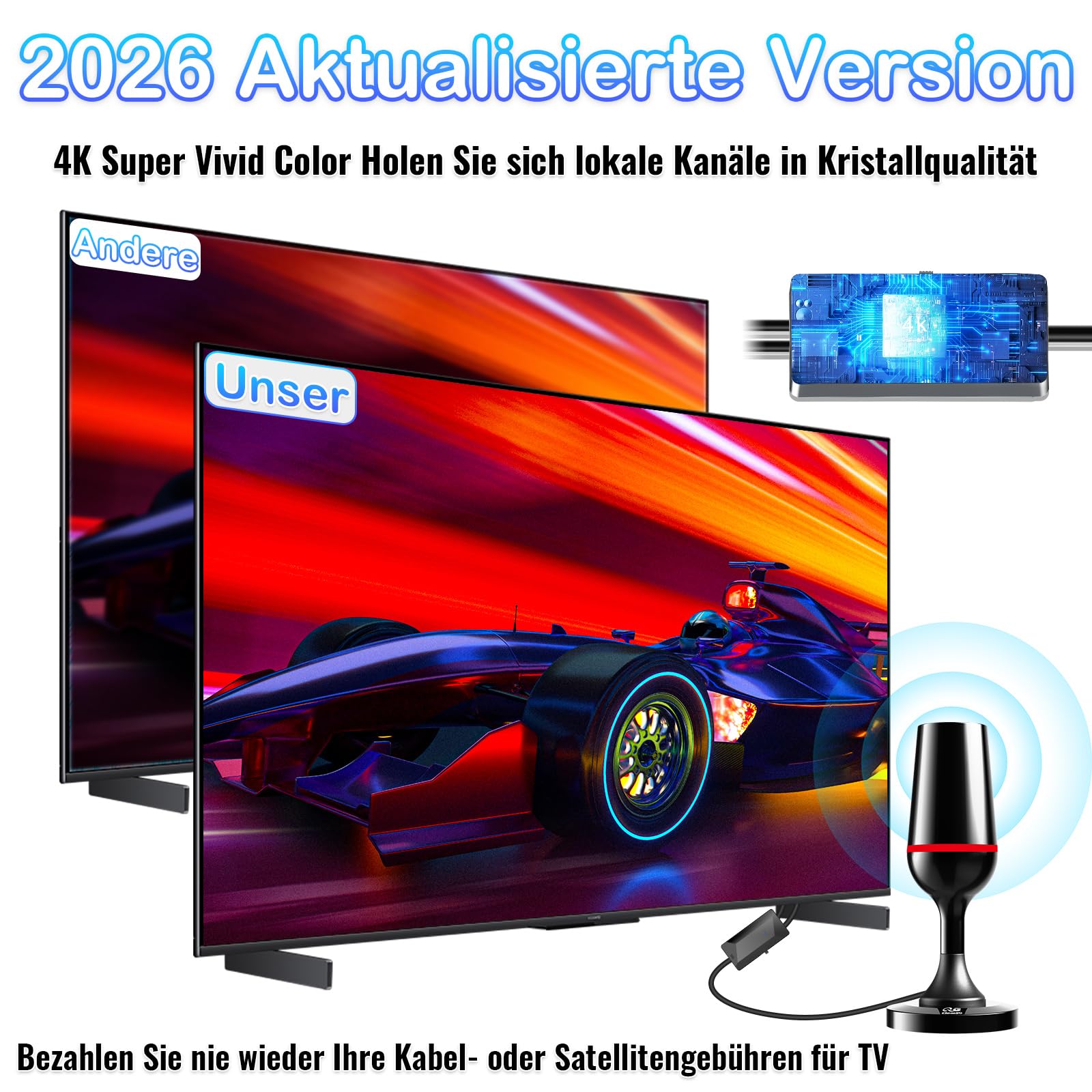 DVB-T/DVB-T2 Antenne mit Verstärker 2026, 450+ KM Reichweite & 360° Empfang, Kompakte Innen Antenne mit Magnetbasis, Geeignet für 4K 1080P & Moderne TV-Geräte