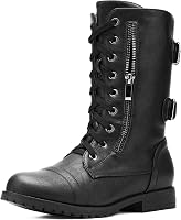 DREAMPAIRS Women's Mid-Calf Combat Boots with Built-in Wallet Pocket - Lace-Up Military Style, Non-Slip Sole