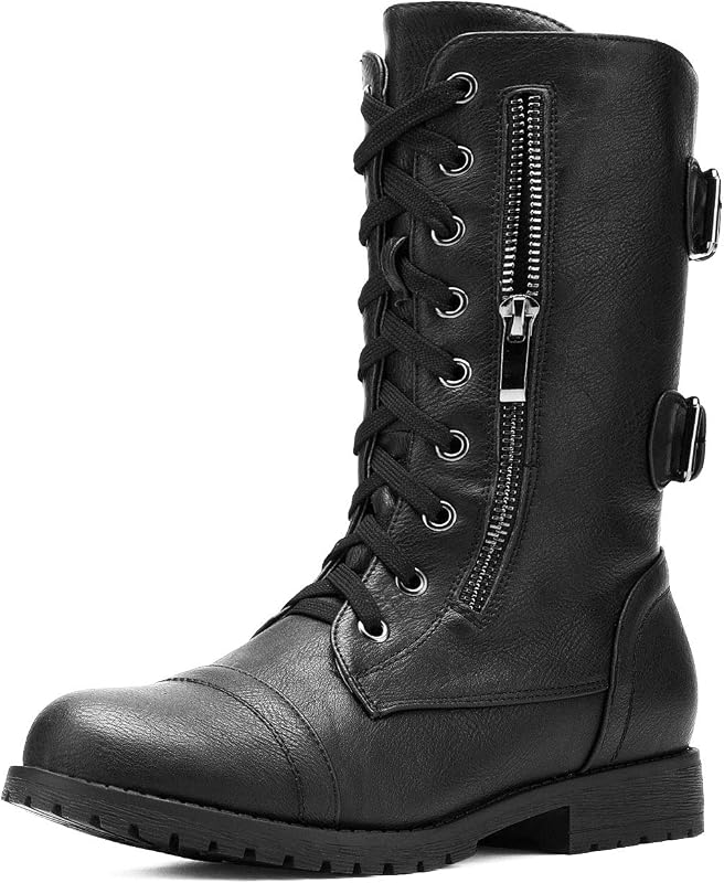 DREAM PAIRS Botas de combate militares con cordones y bolsillo tipo billetera incorporado a media pantorrilla para mujer