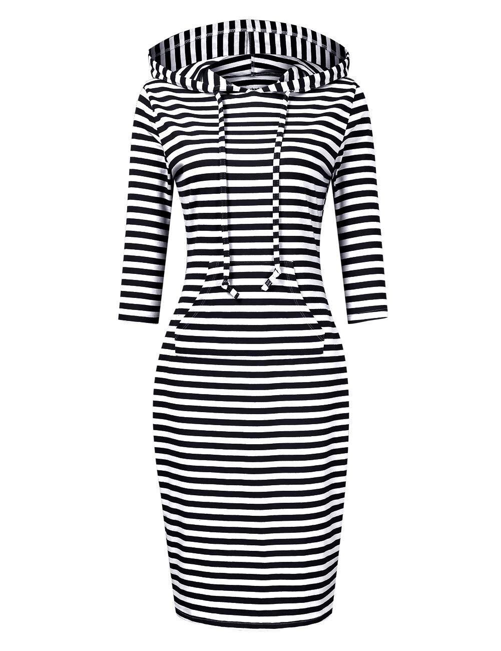 Clearlove 3/4 Sleeve Hoodie Dress for Women with Pockets Knee Length Pullover, Black and White Striped Hoodie Dress L