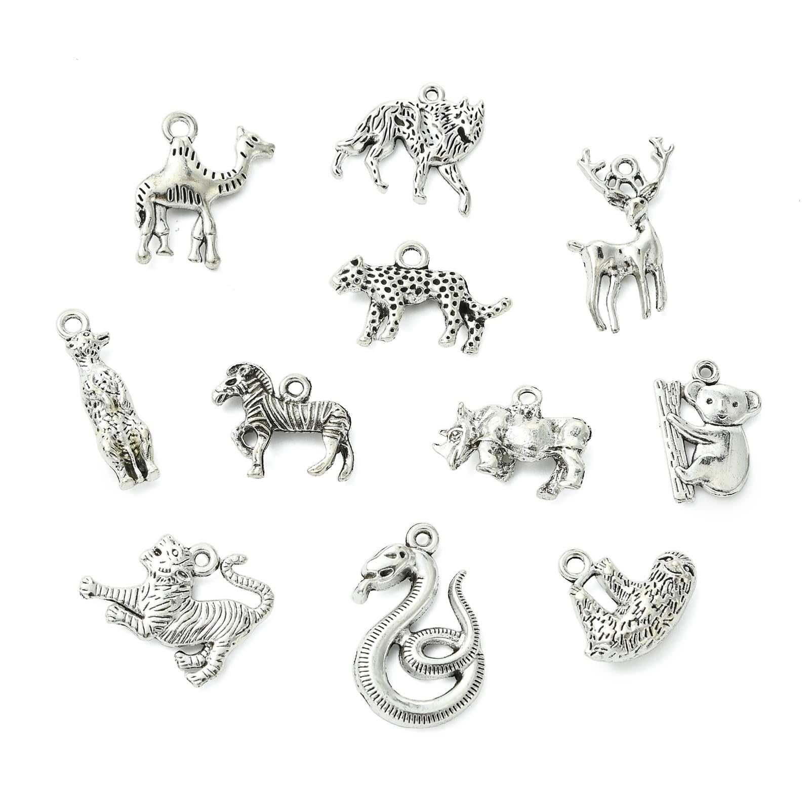 Stiesy 60Pcs Tibetan Wild Animal Charms Alloy Wolf Leopard Dinosaur Snake Pendants Antique Silver Tiger Camel Zebra Crat Charms Bulk for Boho DIY Necklace Bracelet Jewelry Making (12 Styles)