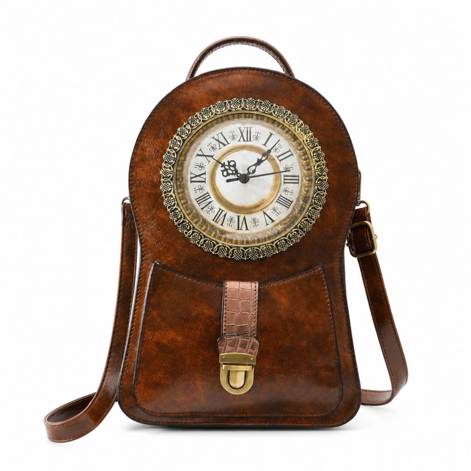 Retro Clock Backpack Textured Backpack with Clock Face Vintage-Inspired Purse Adjustable for Women, Teens, Theme Parties, Daily Use, Brown-image-8
