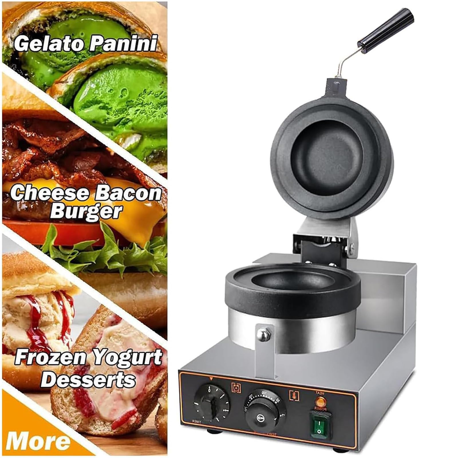 Prensa para sándwiches, máquina para Hacer gofres y Hamburguesas, para Uso doméstico y Comercial, Calentamiento por Ambos Lados, Revestimiento Antiadherente, Temperatura Ajustable,Single
