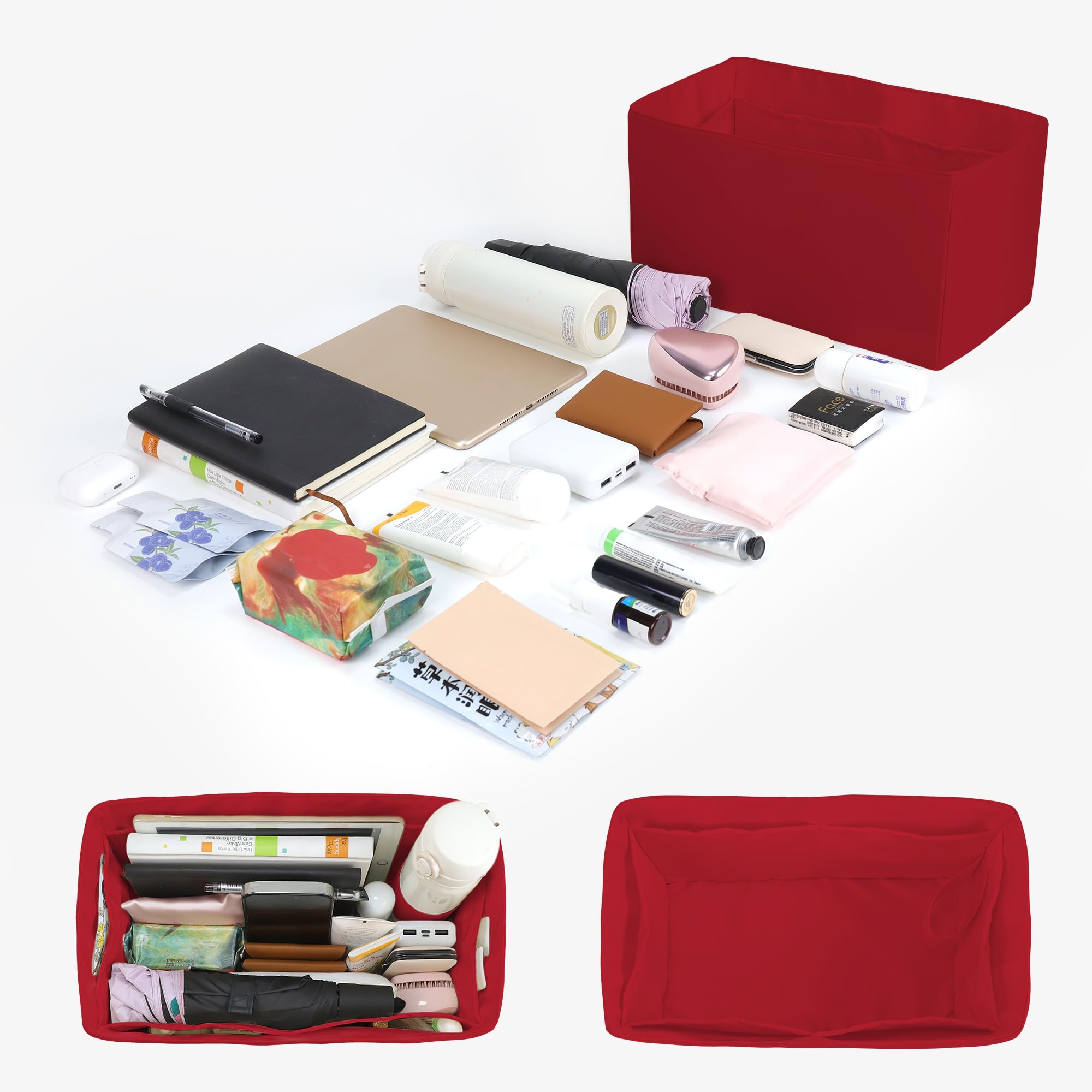 Taschenorganizer.HandtaschenOrganizer.MultiTaschenDesign,faltbar,handgefertigt aus Nylon und Satin,seidig und glatt,kann für viele Taschen verwendet werden(XL-Rouge moyen)