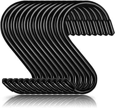 DINGEE 4 Inch 12 Pack Heavy Duty Vinyl Coated S Hooks Non-Slip & Scratch-Proof Black Hanging Hooks for Plants Kitchen Utensils Pots Pans Clothes & Bags Ideal for Closet, Garage & Garden Organization