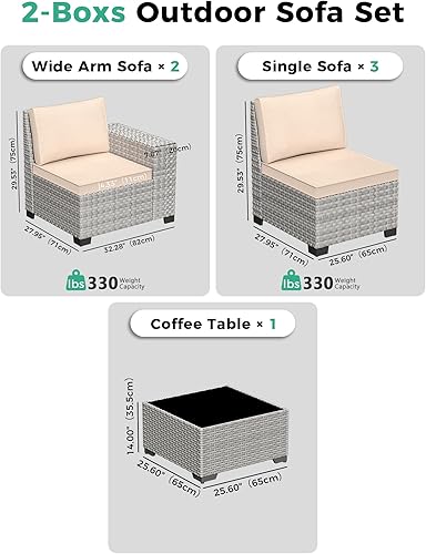 Miniatura 2 de Juego de sofá modular de mimbre para exteriores, 6 piezas, juego de muebles de patio de 5 asientos con cojines gruesos de 4 pulgadas y mesa