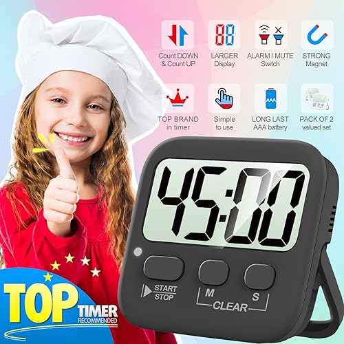 Miniatura 44 de Antonki Paquete de 2 temporizadores digitales para niños, temporizadores de cocina magnéticos de cuenta regresiva para cocinar, huevos, aula, 2 x
