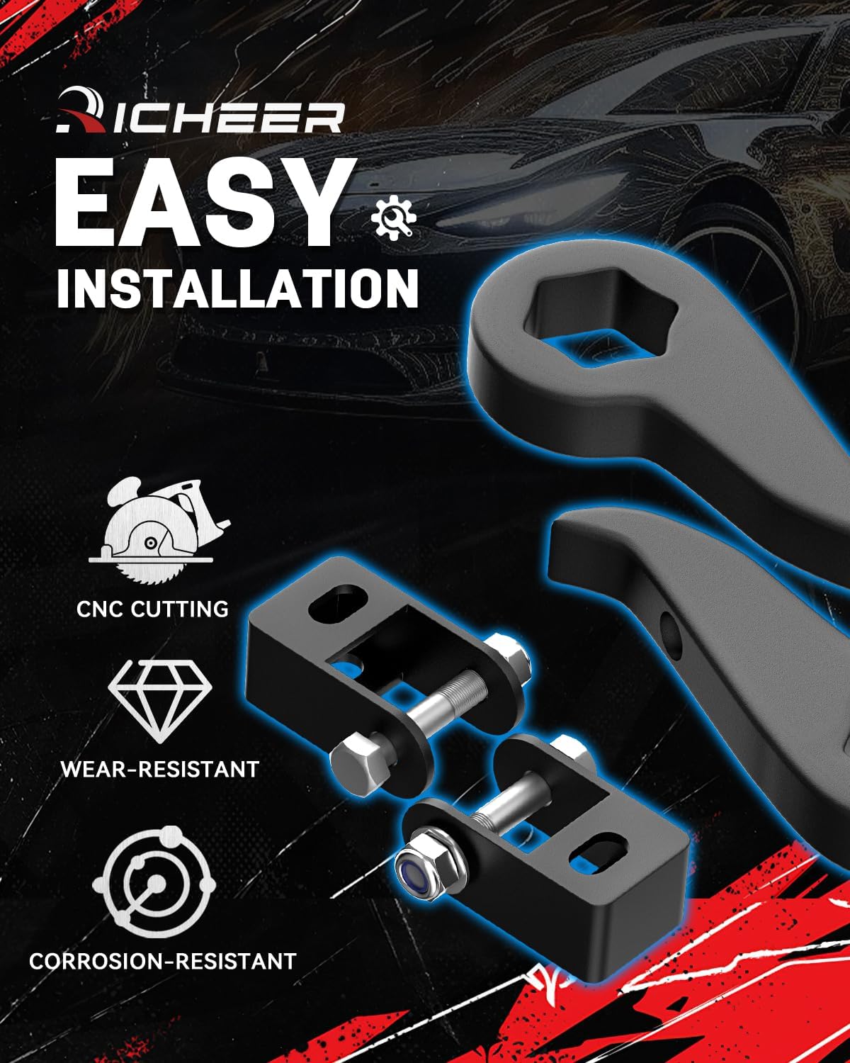 Richeer 1-3" Torsion Bars Key Compatible with 2011-2019 Silverado Sierra 2500HD 3500HD 4X4 with Shock Extender Brackets, Adjustable 1 to 3 Inch Forged Suspension Leveling Lift Kits