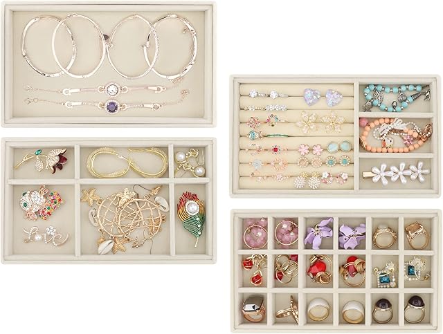 Casiwaft Jewelry Trays Organizer Set of 4, Velvet Stackable Jewellery Drawer Organiser Tray Earring Ring Necklace Bracelet, Jewelry Inserts Display Tray for Drawer, Beige