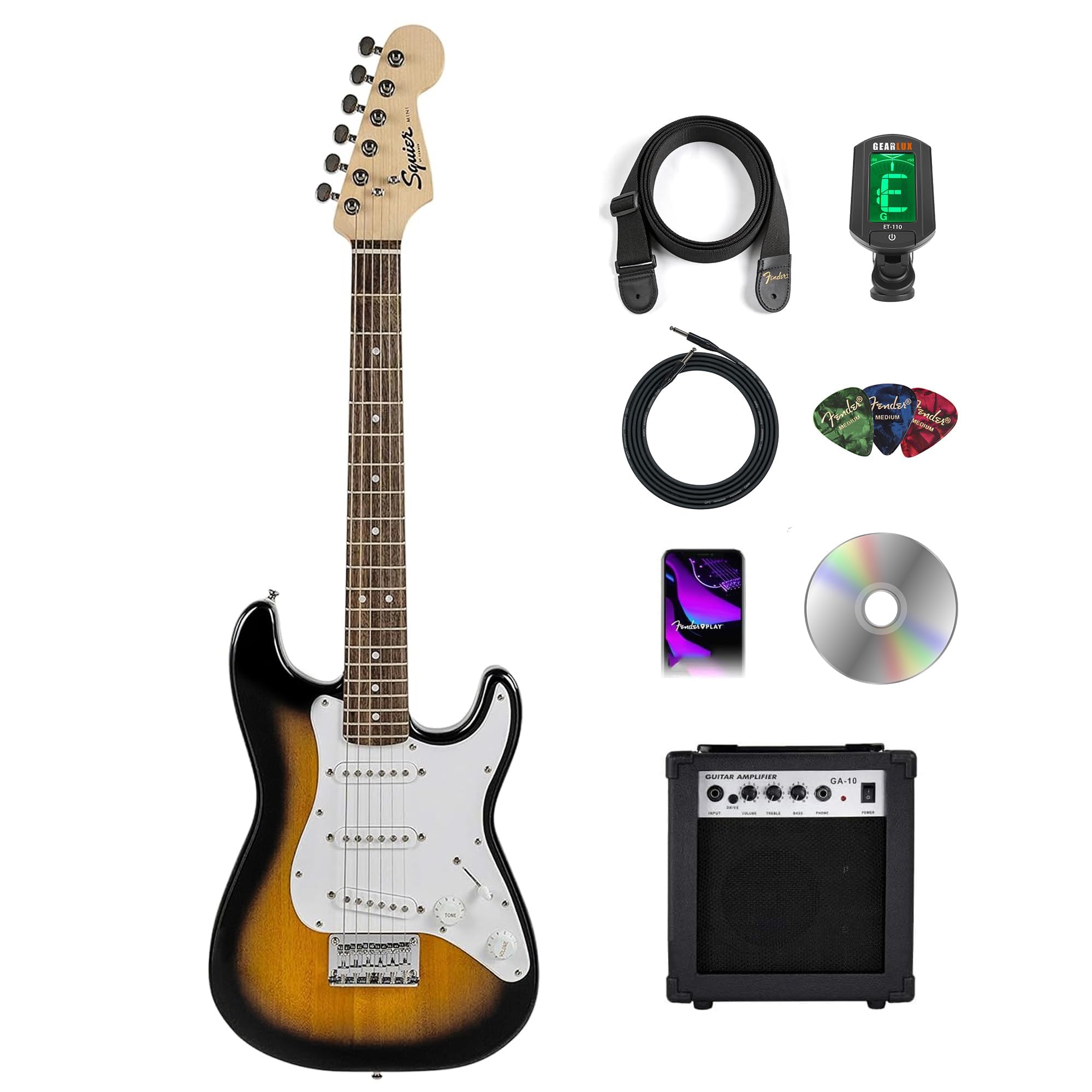 Fender Squier 3/4-Size Kids Mini Strat Electric Guitar - Sunburst Bundle with Amplifier, Cable, Tuner, Strap, Picks, and Austin Bazaar Instructional DVD