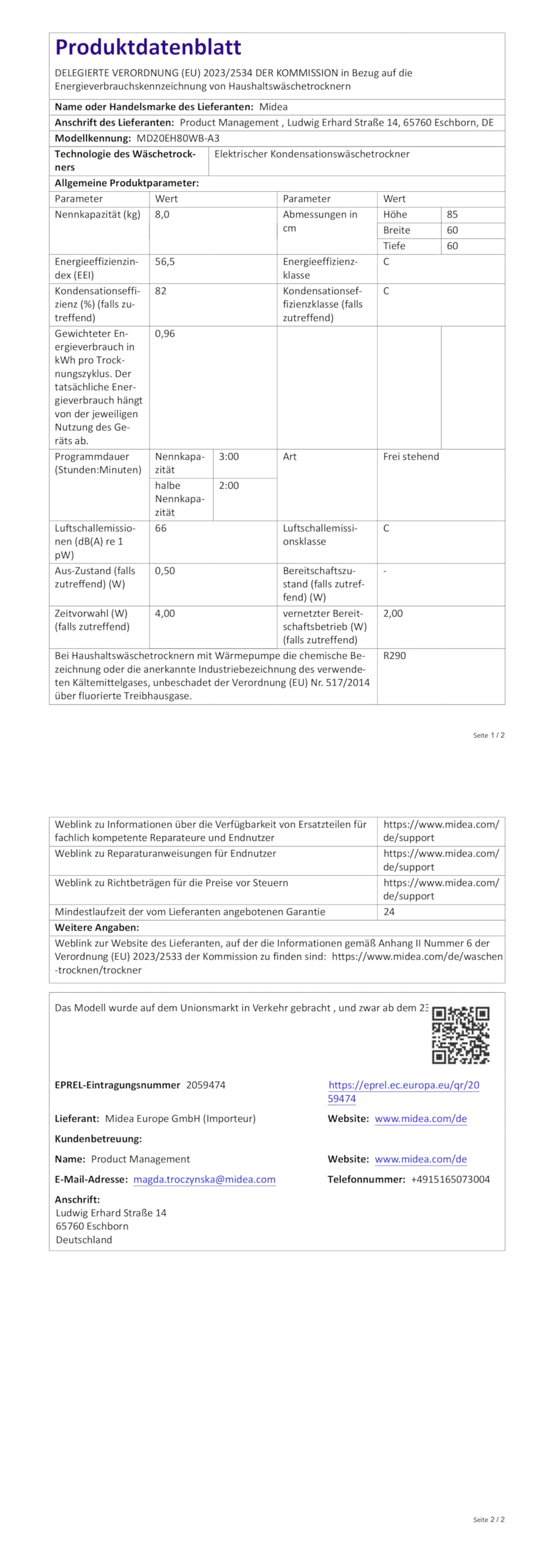 Midea MD20EH80WB-A3 Wärmepumpentrockner 8 kg Energieklasse C UV Hygience Knitterschutz Auto Dry Weiß