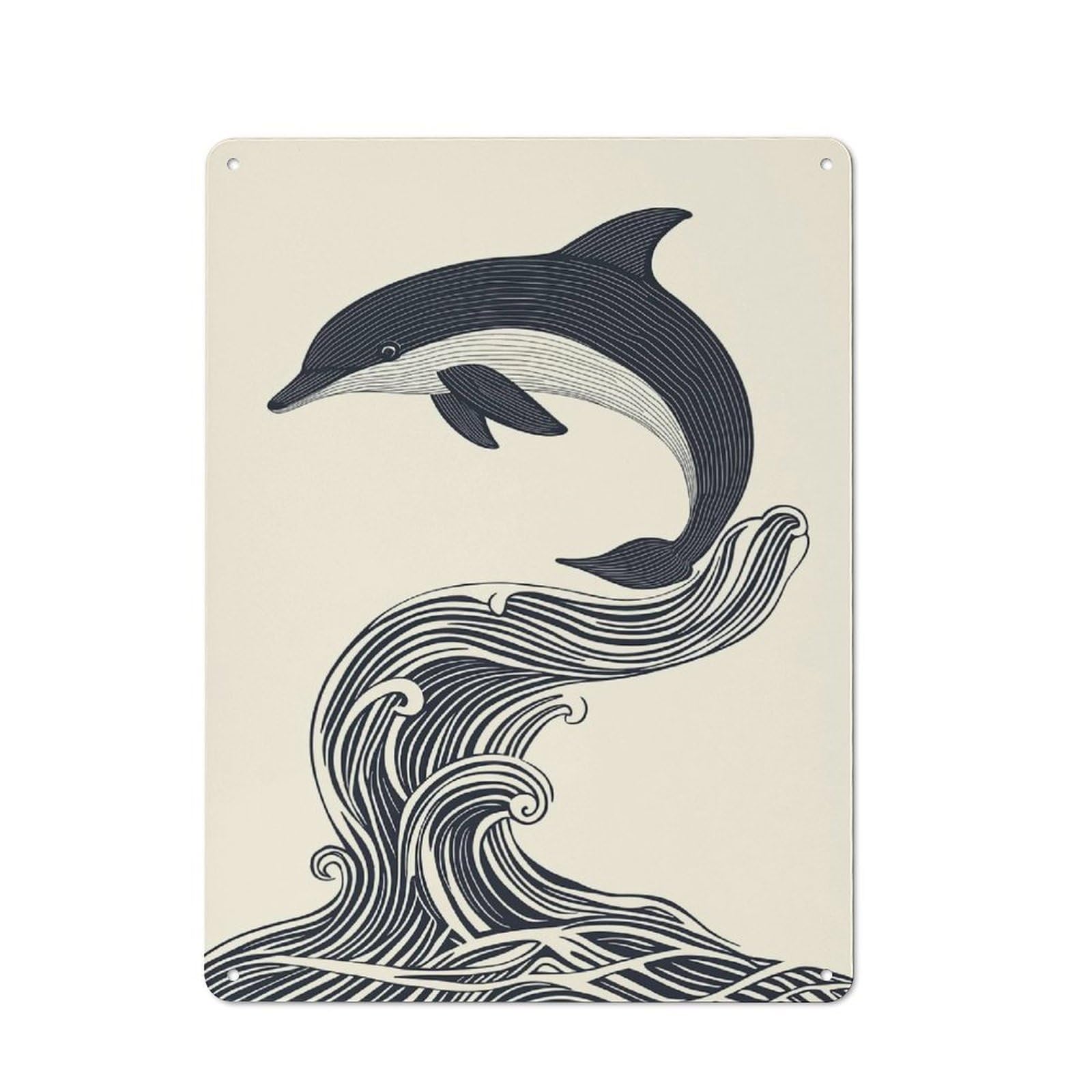 Tin Sign with Dolphin Leaping Wave Design 40x30cm, Understated Studio Wall Plaque for Hobby Room, Office, Lounge Or Living Room