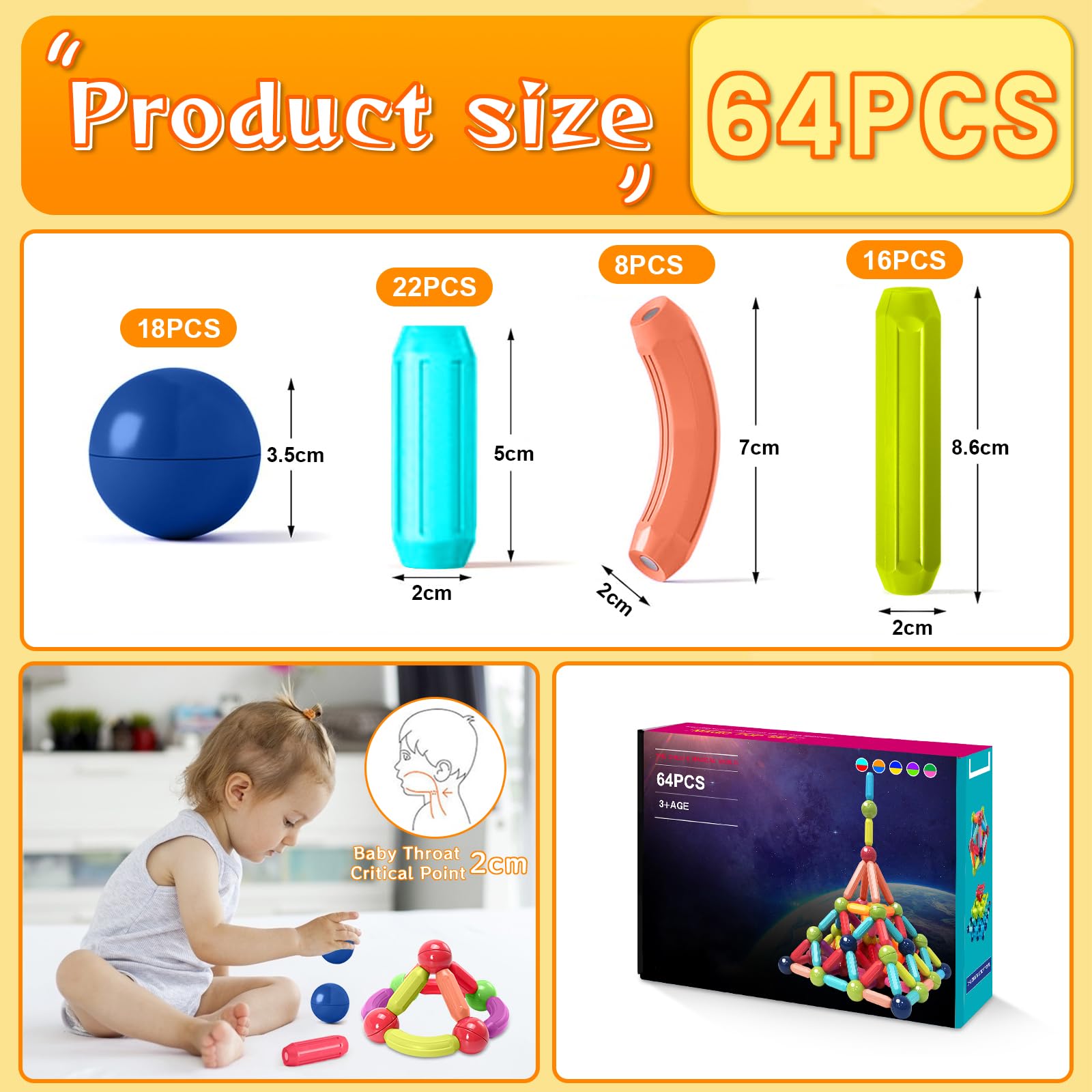 64Pcs Magnetic Building Toys, 3D Building Toys, Magnetic Blocks, Educational Learning Toys Gift for Boys and Girls Age 3-8 (64Pcs) - 2