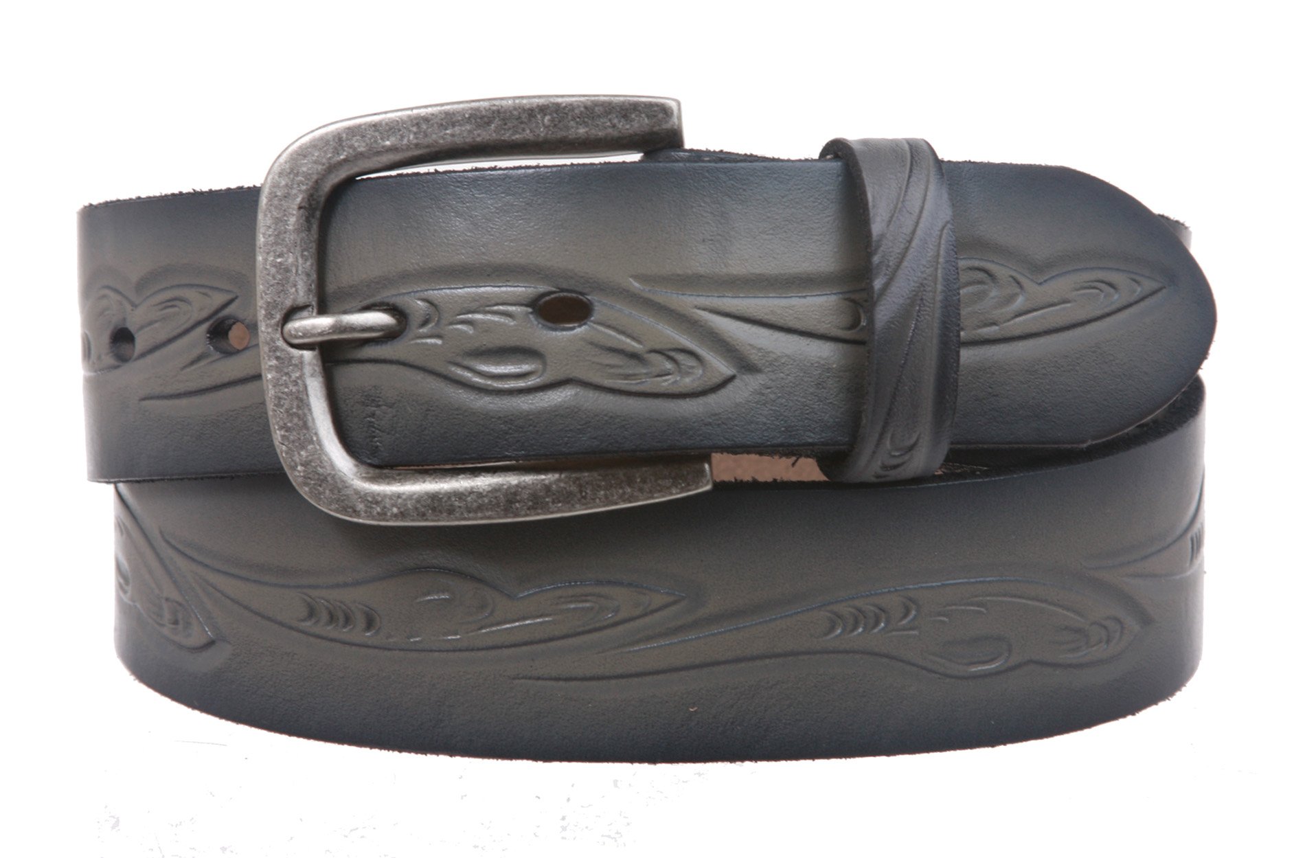 Snap On Floral Embossed Cowhide Full Grain Leather Casual Belt, Black/Grey | 38