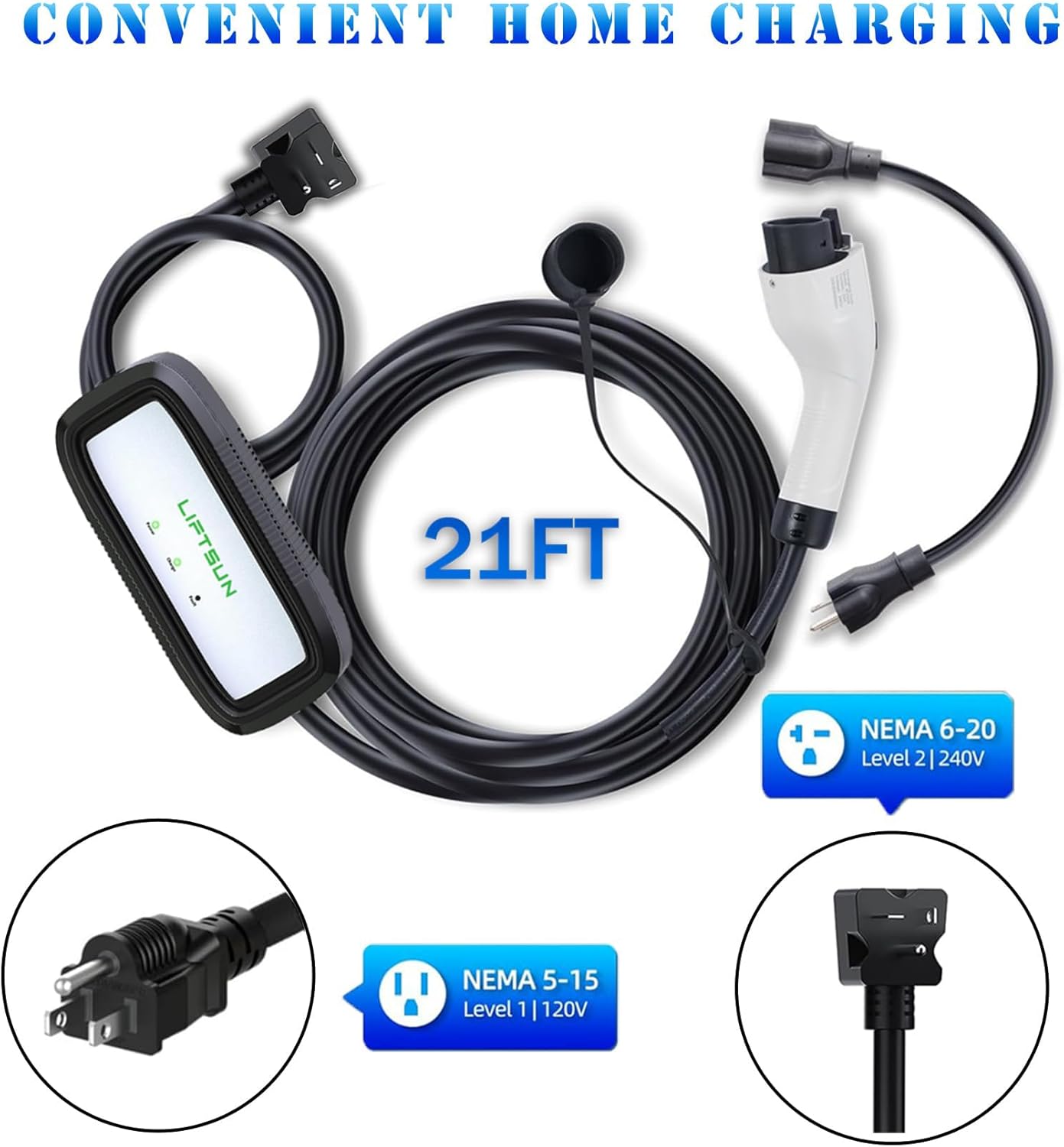 Level 1+2 EV Charger, 16 Amp 120V or 240V, Portable Electric Vehicle Charger with 21Ft Charging Cable NEMA 6-20 Plug,Plug-in Home EV Charging Station for SAE J1772 EVs(Tesla Need Adapter)