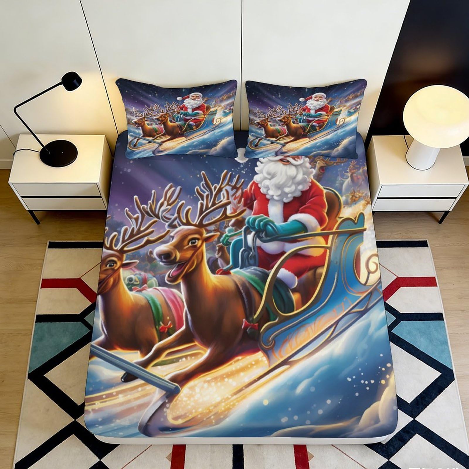 3D Printed Santa Sleigh Fitted Sheet Microfiber Soft Vibrant Reindeer Christmas Bed Cover for Bedroom Guest Room Decor 180x200x25cm