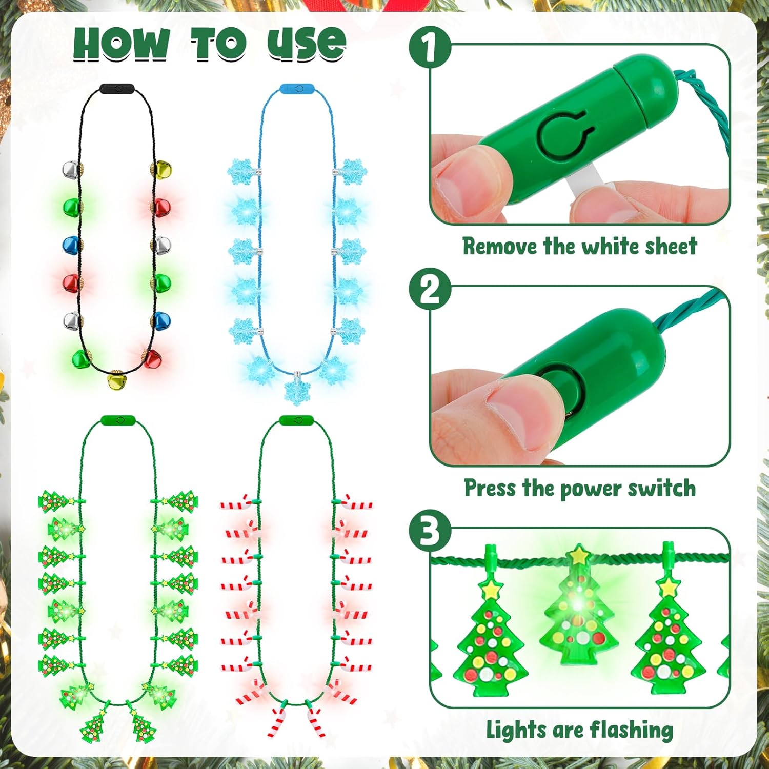 Traplace 24PCS Light up Christmas Necklace, 3 Modes Christmas Party Favors with LED Bulbs, Vibrant Festive Xmas Bell Trees Candy Canes Designs, Xmas Ugly Sweater Parties Decorative Holiday Gifts