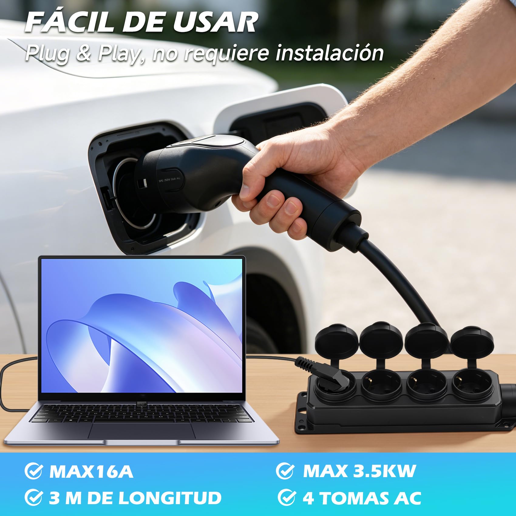 JULIK Adaptador V2L para Omoda 5 EV, Jaecoo 7, EBRO S700, Tiggo 8 - Longitud Total 3m, Regleta 4 Tomas, 3.5kW 16A Pistola de Descarga Tipo 2 EV a Toma Schuko, Camping, Emergencia