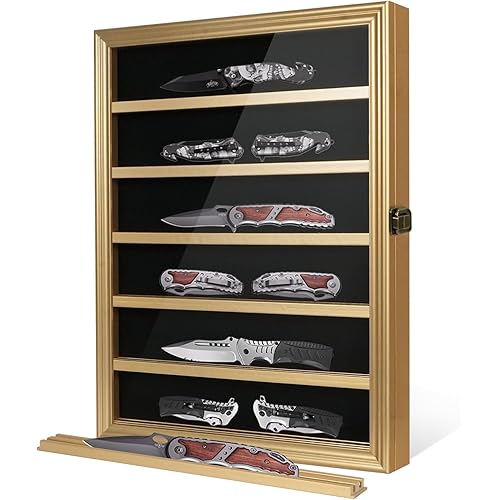 Pocket Knife Display Case - 6 Rows With HD Toughened Glass, Military Folding Shadow Box Wall Cabinet for Collections With Removable 2 Grooves Shelves, Gold