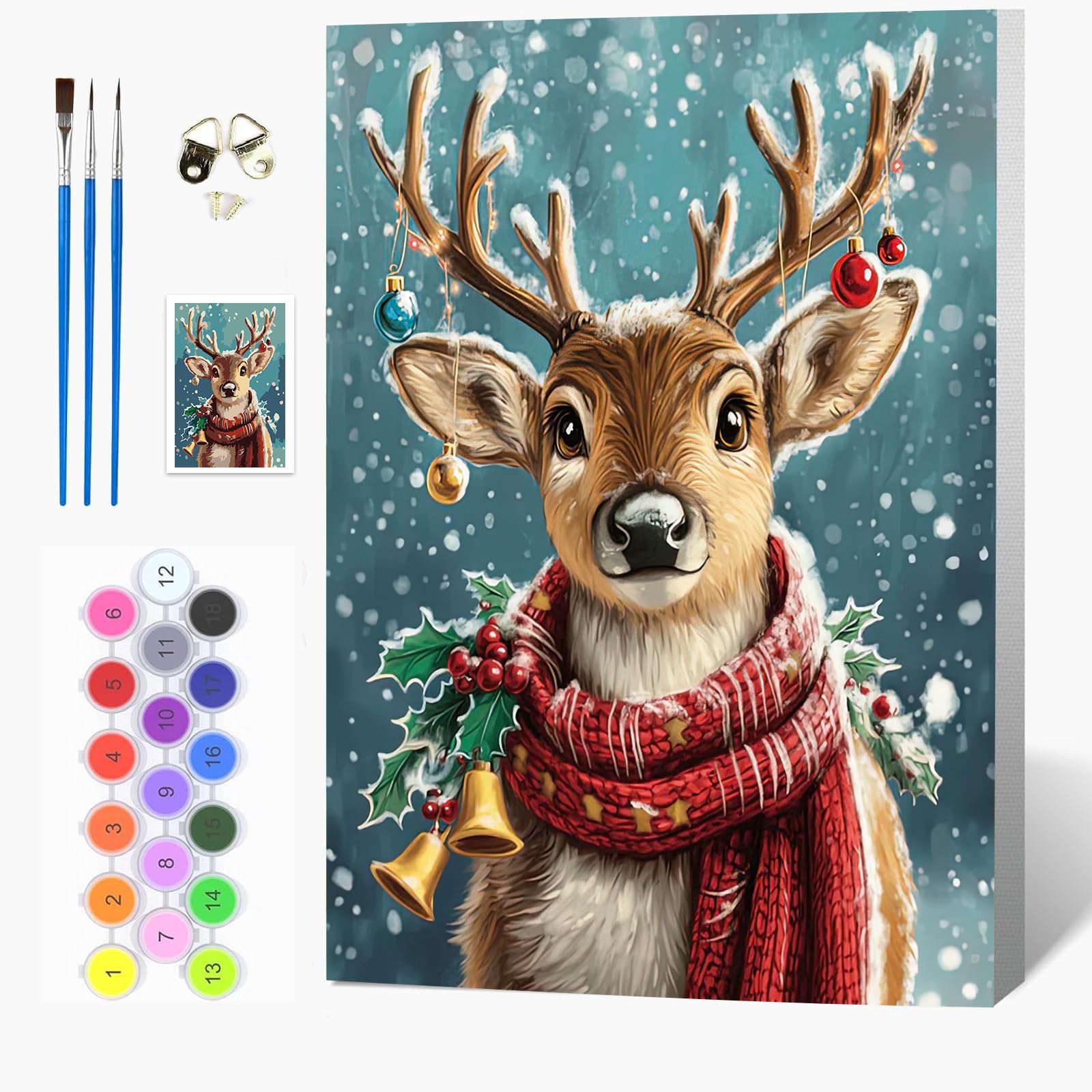 Auremi DIY Christmas Paint by Numbers for Adults Kids-Reindeer Canvas Oil Painting Kit for Adults,Craft Art Painting with Wooden Frame Kit Acrylic Pigment Drawing Paintwork for Gift Home 20x30cm