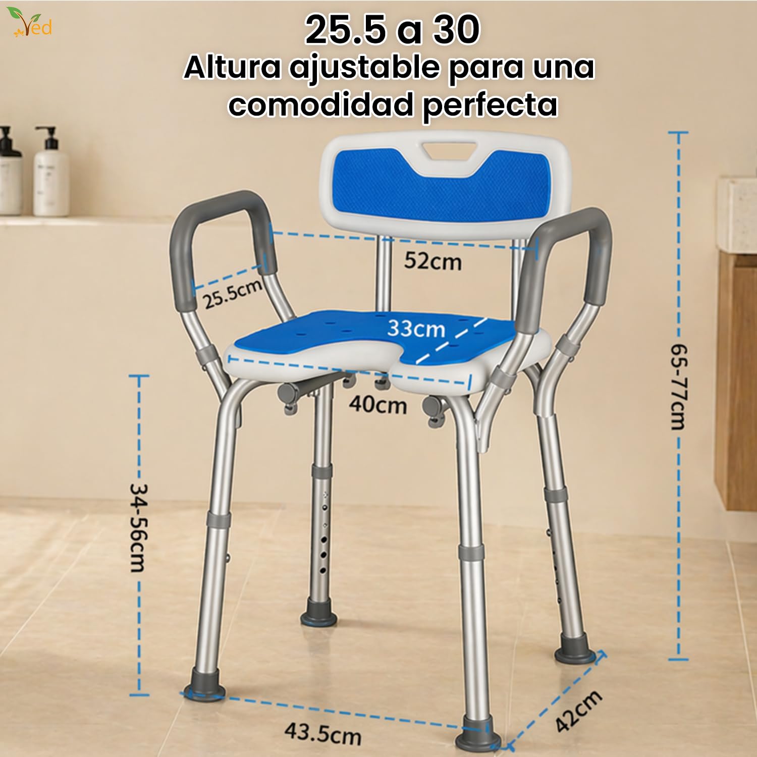 Silla de Ducha VED, Asientos de Ducha en Forma de U con reposabrazos y Respaldo, Taburete de Ducha Ajustable en Altura de 6 Pulgadas, Silla de bañera, Capacidad de 330 LB