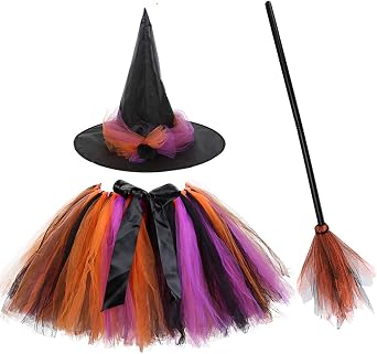 Witch Costume for Girl,Rainbow Tutu Skirt Witches Hat with Broomstick Kids,Halloween Costumes Girls Witch Cosplay Dress Up