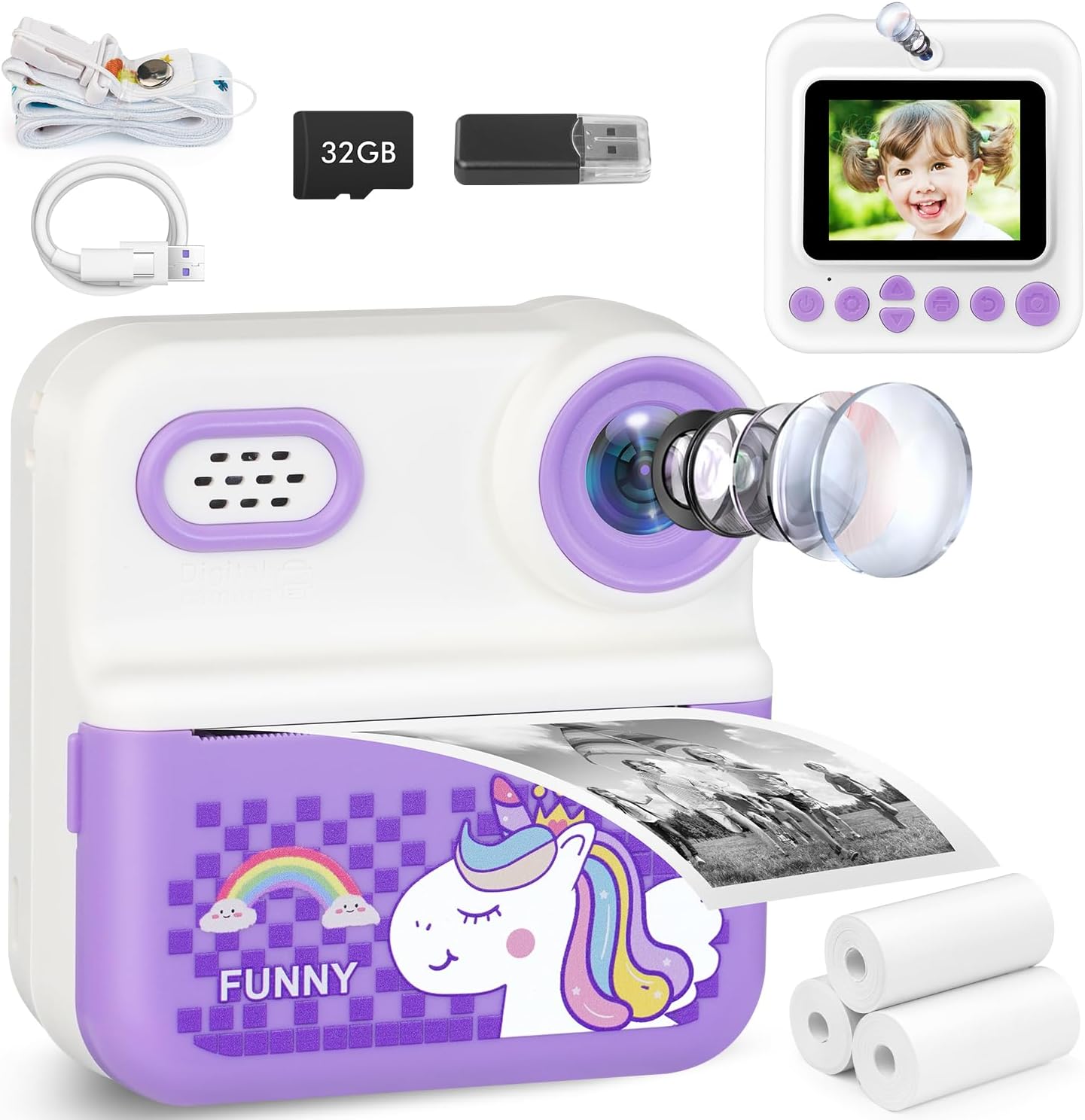 Kids Camera Instant Print with 32GB Card, 1080p Video, 2.4in Screen, Front Rear Dual Selfie, Perfect Christmas Birthday Gifts Portable Travel Toys Camera