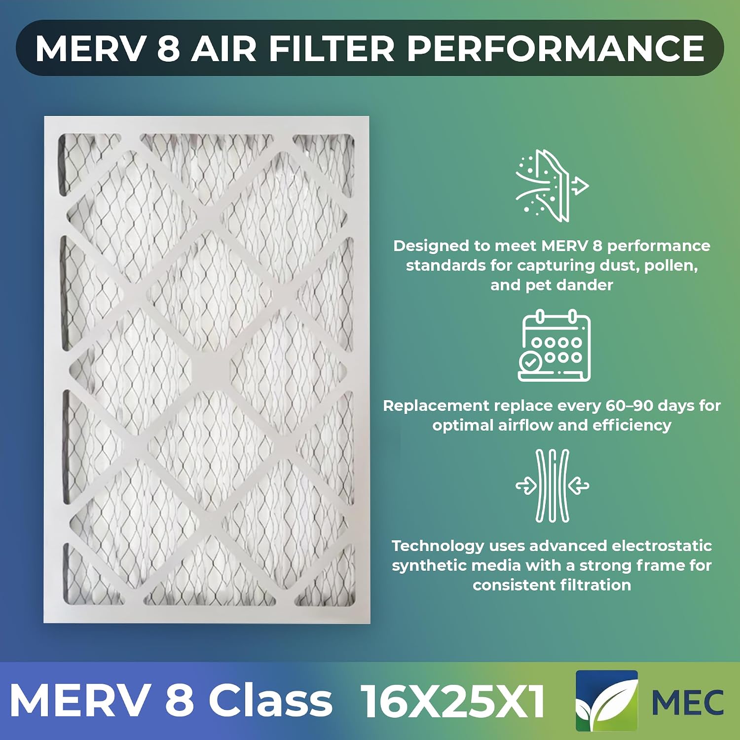 MEC 16x25x1 Air Filter MERV 8 Essential Dust & Allergy Control (4-Pack), Electrostatic Pleated HVAC AC Furnace Filters Repiacement (Actual Size: 15.50 x 24.50 x 0.75)