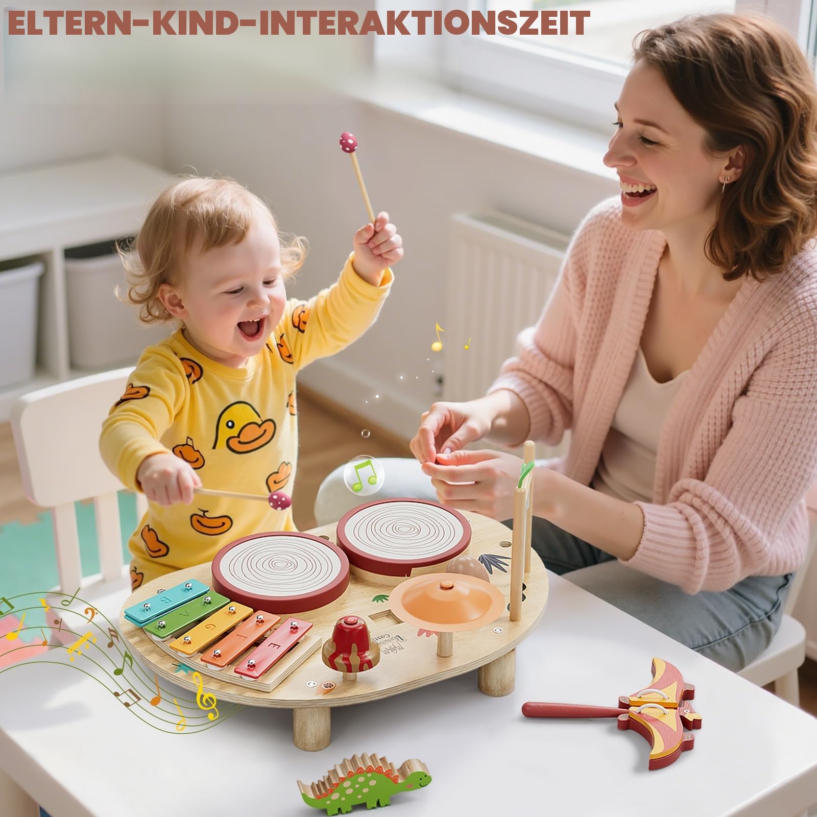 Lehoo Castle 8-in-1 Schlagzeug & Xylophon Tisch aus Holz, Musikinstrumente für Kinder ab 1 Jahr, Dinosaurier Musikspielzeug, Montessori Lernspielzeug
