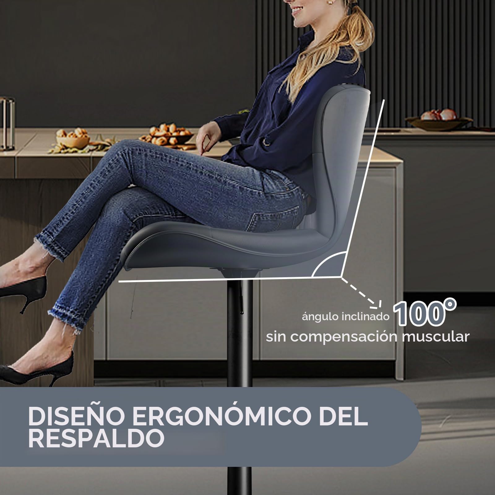 Hawthyhome Taburetes de Bar Juego de 2 | con Respaldo, Altura Regulable, Giro 360°, Cuero sintético, para Comedor, Bar en casa o Isla de Cocina, Color Gris Oscuro