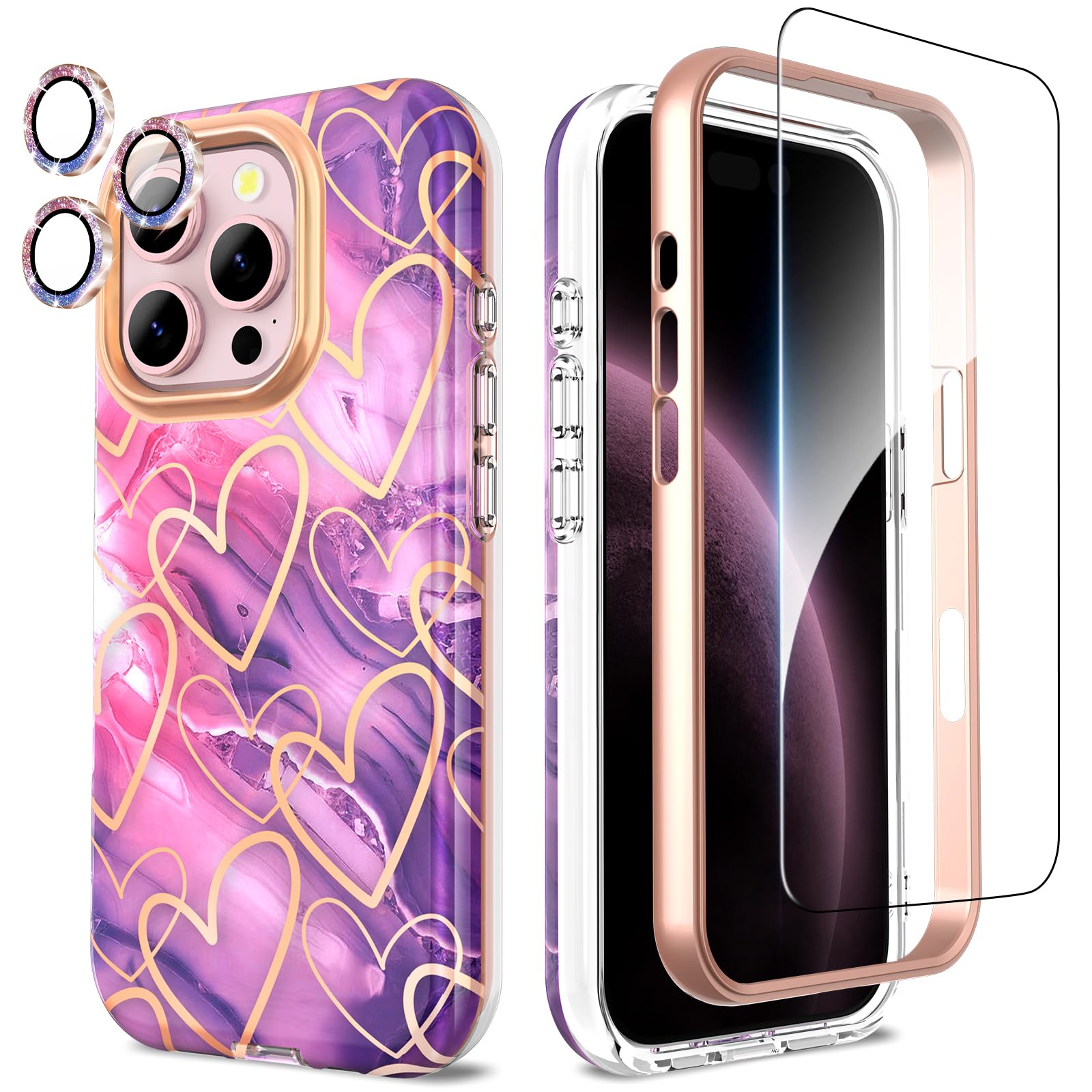 SHEDEER for iPhone 16 Pro Case with Glitter Camera Protector + Screen Protector, Chic Anti-Yellowing Pattern, Shockproof Drop Protection Anti-Scratch Phone Cover 16 Pro 6.3'', Heart Purple