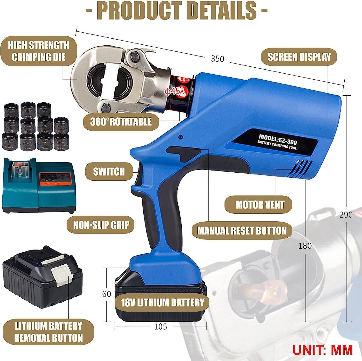 Pince à Sertir Hydraulique Sans Fil 18V - Jeu De Matrices EK-300 / EK-400