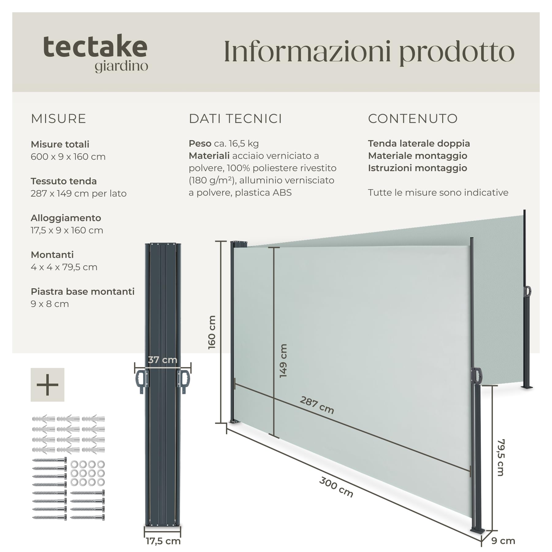 tectake® Tenda da Sole per Esterno Laterale Doppia Estensibile, 600 x 160 x 9 cm, Parasole Retrattile, Frangivista Giardino e Terrazzo Privacy, Avvolgimento Automatico, Struttura in Acciaio - Grigio