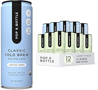 Pop & Bottle, Classic and Matcha Oat Milk Lattes - Reishi and Maitake Mushrooms, Green Tea, Cold Brew, Coffee Berry, MCT Oil, Organic, Dairy & Gluten Free, Vegan - 8 Fl Oz, (Pack of 12), 6 Each