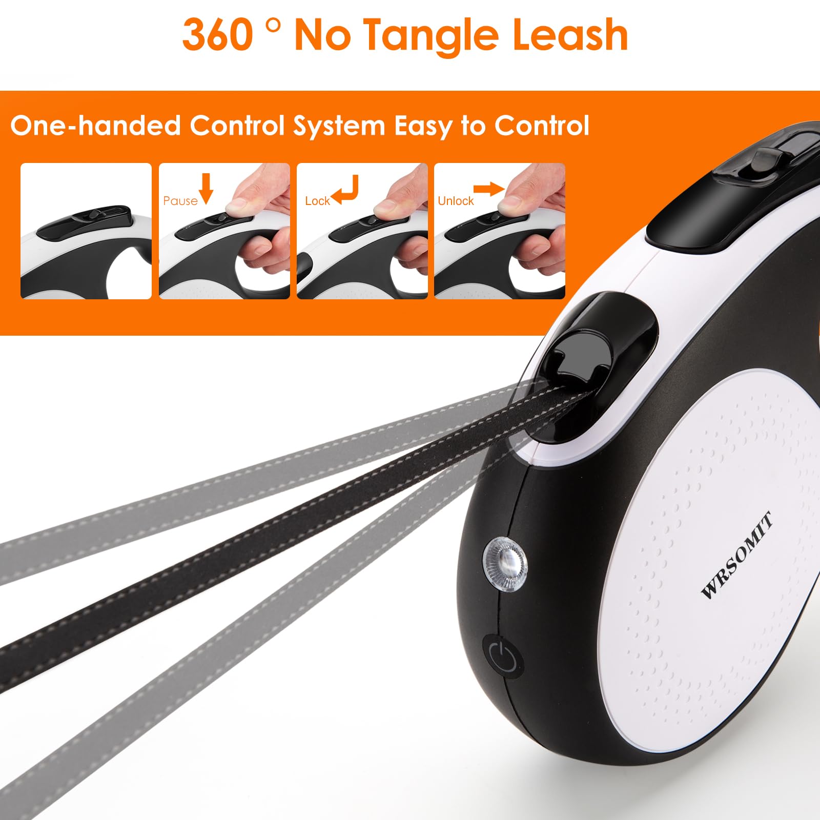 Correa retráctil para perros con cable resistente a mordeduras y linterna led, 5 m, para perros medianos y grandes hasta 50 kg, giro 360° sin enredos, alta resistencia, blanco