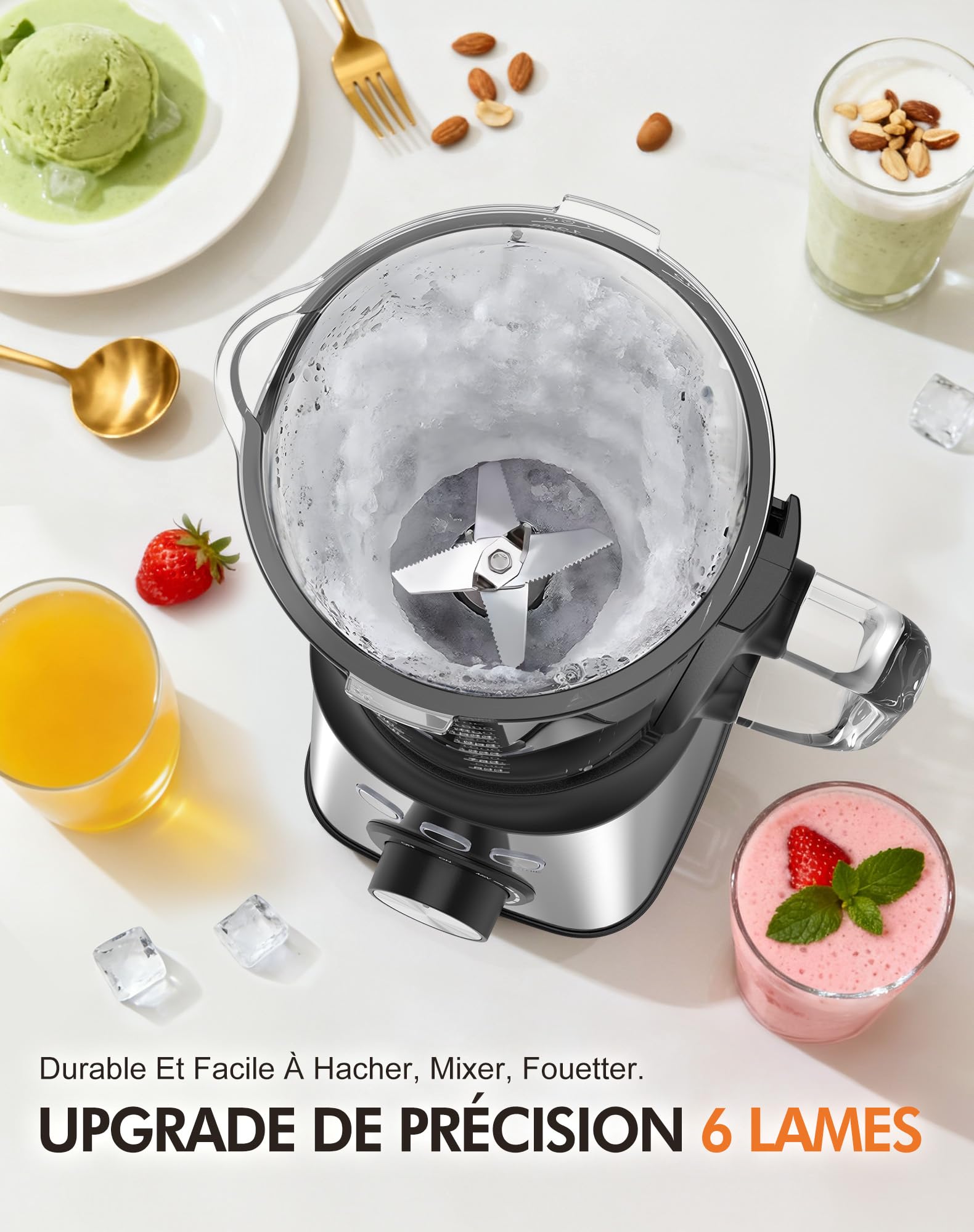 Blender Mixeur 1000W, Blender Smoothie Haute Vitesse avec Bol verre 1,5 L & Tasse 600ml, 3 Modes et Vitesse Infinie, 24000 tr/min, Inox, Pour Glace Pilée, Smoothies, Jus, Shakes (Blender-01)