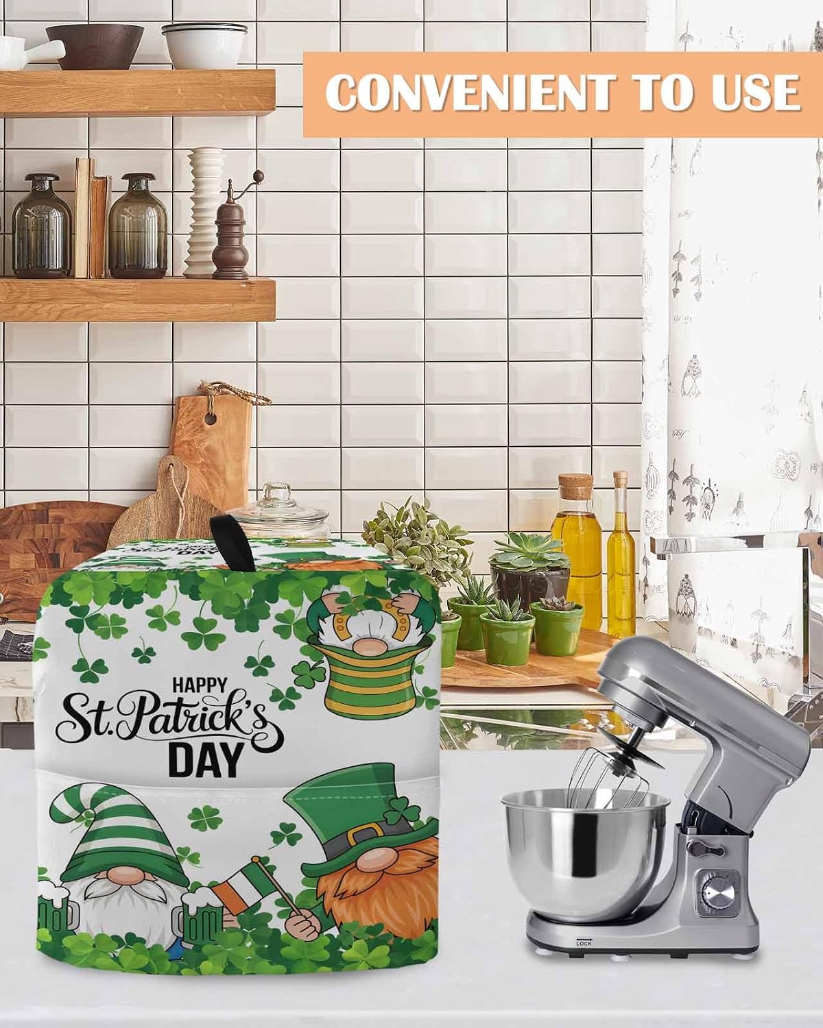 St. Patrick's Day Stand Mixer Cover with Storage Pocket, Waterproof Kitchen Mixer Covers, Spring Green Gnomes Leaves Clovers Kitchen Appliance Dust Cover Compatible with 5-8 Quart Mixers