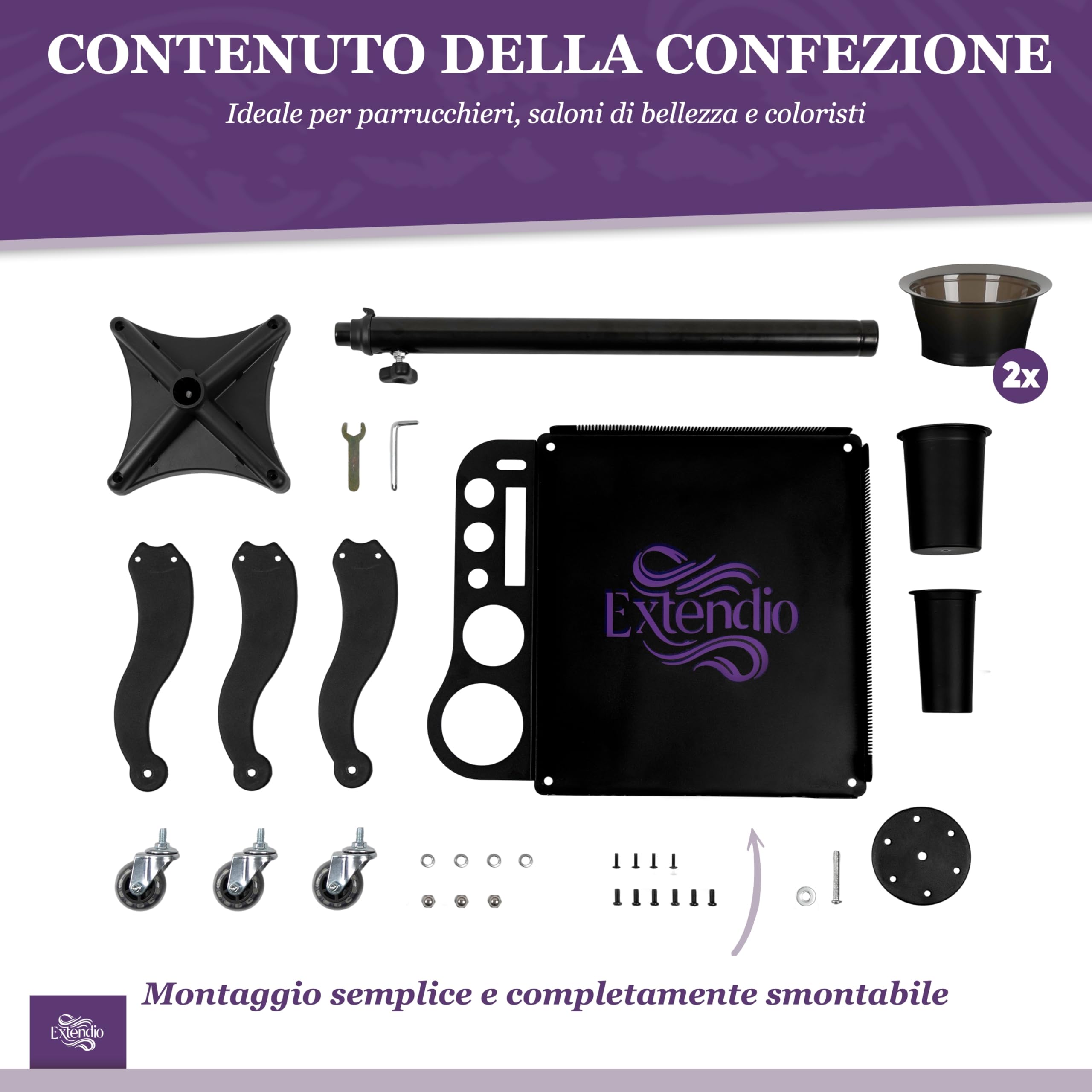 Carrello professionale per parrucchieri – mobile, regolabile in altezza e resistente al calore | Ciotole magnetiche e supporto pettine per extension – Perfetto per saloni e parrucchieri a domicilio