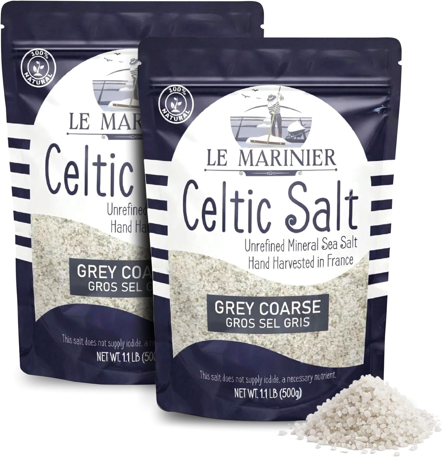 Le Marinier Celtic Salt Organic Grey Coarse, 1.1lb - 18oz Pack of 2. Mineral Rich 100% Natural and Unrefined French Sea Salt Organic. Hand Harvested Mineral Sea Salt, Sel Gris (1.1lb Grey Coarse - Pack of 2)