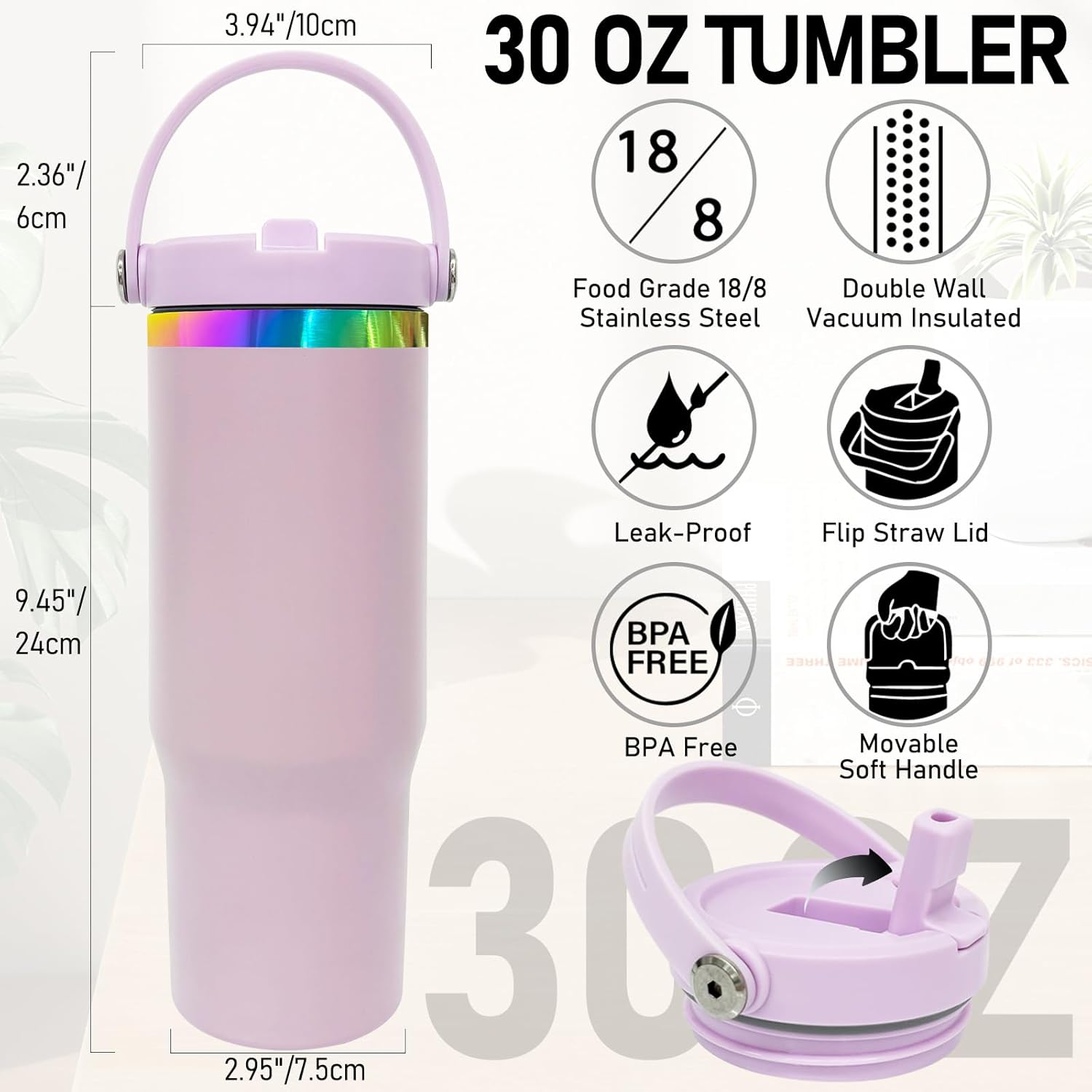 30 oz Tumbler with Handle and Straw, Vacuum Insulated Tumblers with Flip Straw and Top Handle, Leakproof Powder Coated Tumbler, Stainless Steel Travel Mug for Coffee Water (Purple) - Image 2
